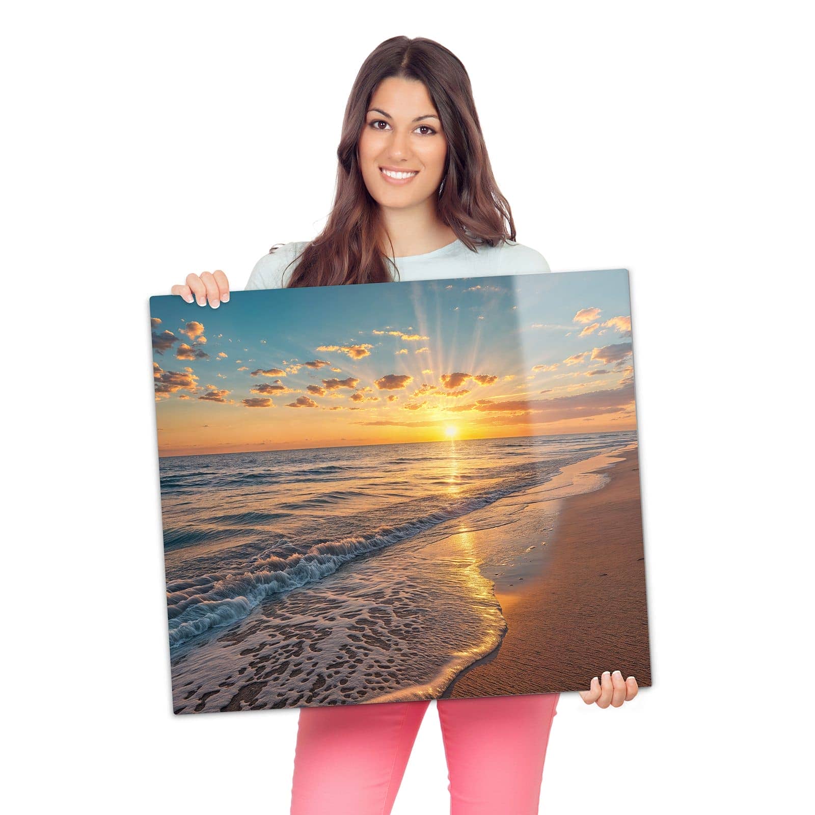 1-teilige Kochfeldabdeckung mit Sonnenaufgang Meer-Motiv wird zur Größendarstellung gehalten