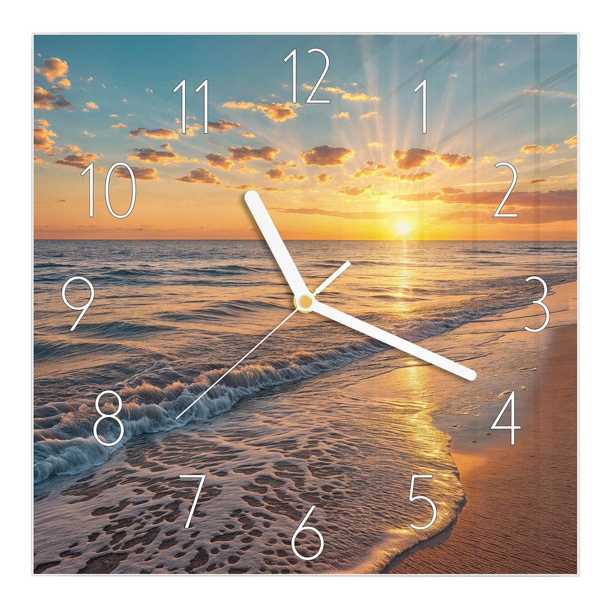Wanduhr aus Glas, Ziffernblatt Elegant mit Motiv Abendsonne am Strand: Tiefstehende Sonne mit kräftigen Strahlen über dem Meer #ziffernblatt_Elegant