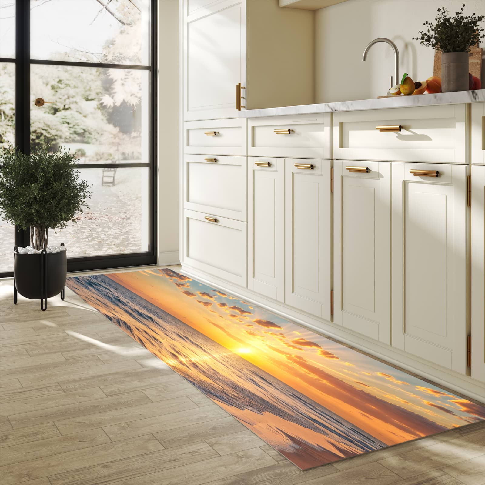Küchenteppich mit Motiv Sonnenaufgang Meer in heller Küche für sicheres Aufbewahren