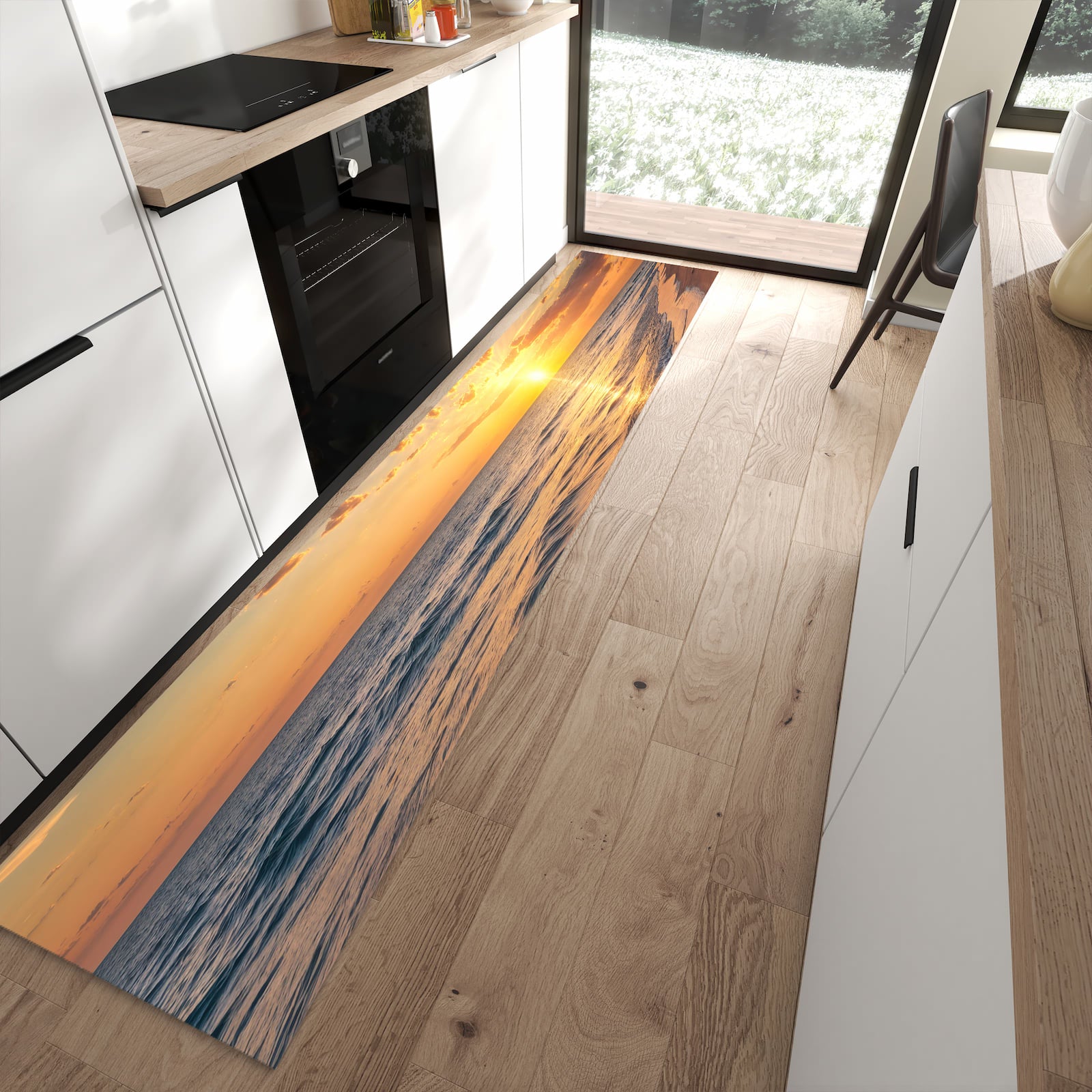Schmutzabweisender Küchenteppich mit Motiv Sonnenaufgang Meer in moderner Küche