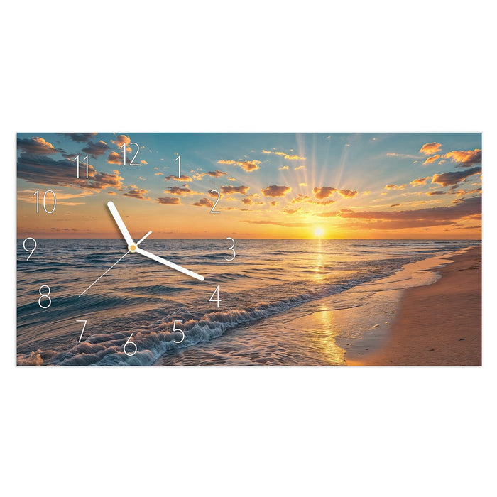 Wanduhr Sonnenaufgang Meer aus Glas – Querformat 60 × 30 cm mit Ziffernblatt Elegant