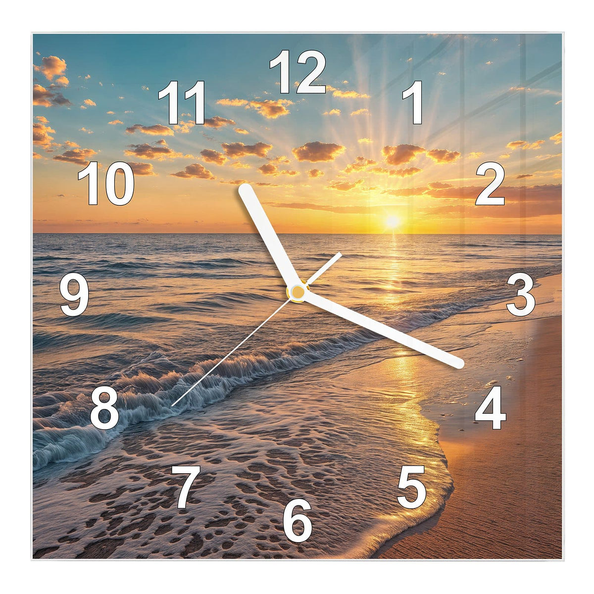 Wanduhr aus Glas, Ziffernblatt Modern mit Motiv Abendsonne am Strand: Tiefstehende Sonne mit kräftigen Strahlen über dem Meer #ziffernblatt_Modern