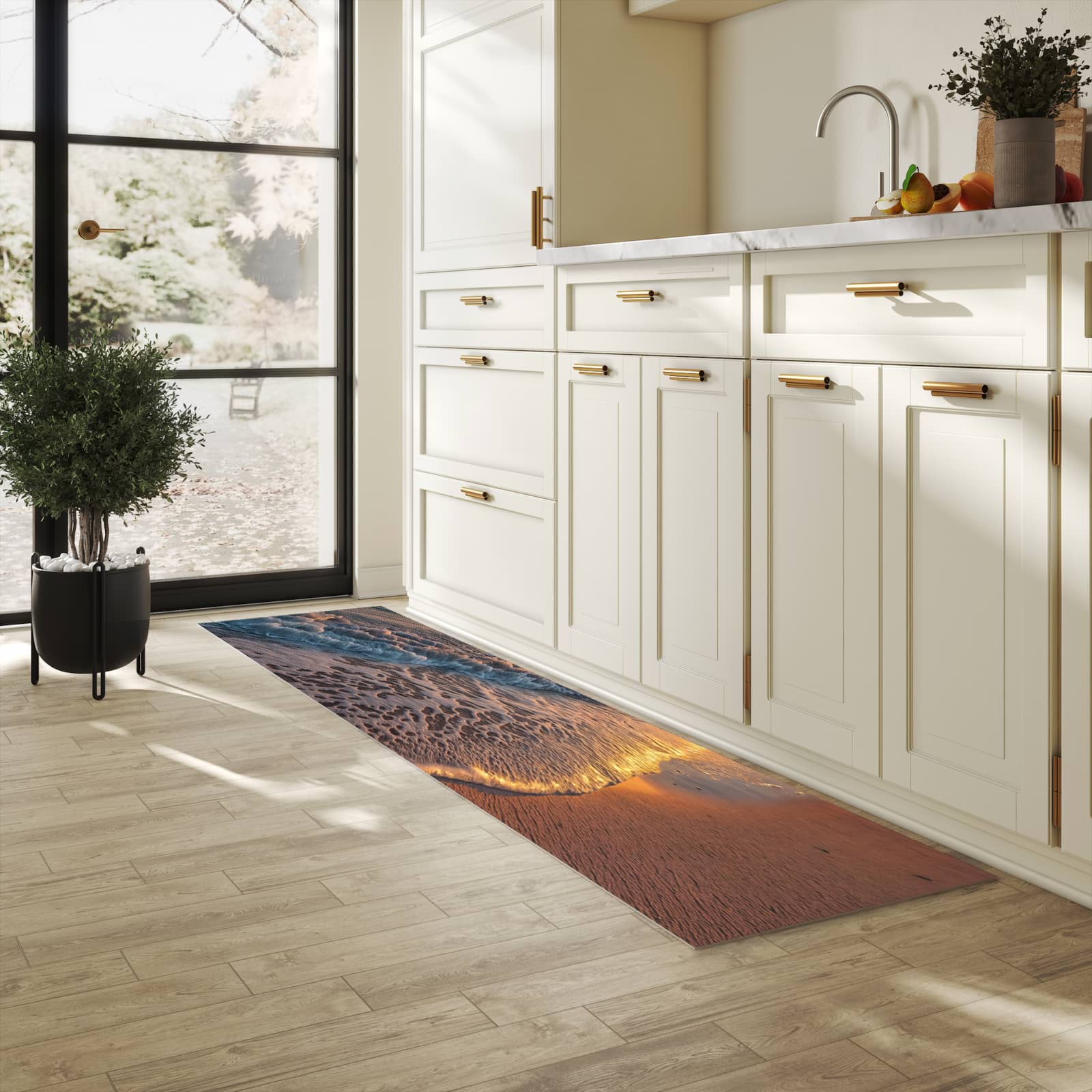 Feuchtigkeitsresistenter Teppich für die Küche mit Motiv Sonnenaufgang Meer in heller Küche