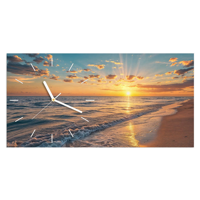 Wanduhr Sonnenaufgang Meer aus Glas – Querformat 60 × 30 cm mit Ziffernblatt Linie