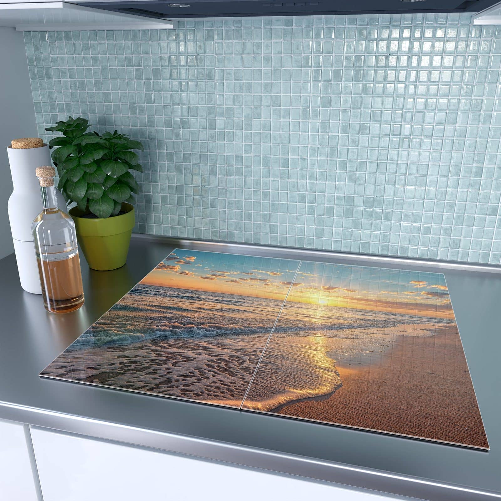 2-teilige Herdabdeckplatte aus Glas mit Sonnenaufgang Meer-Motiv auf dem Ceranfeld