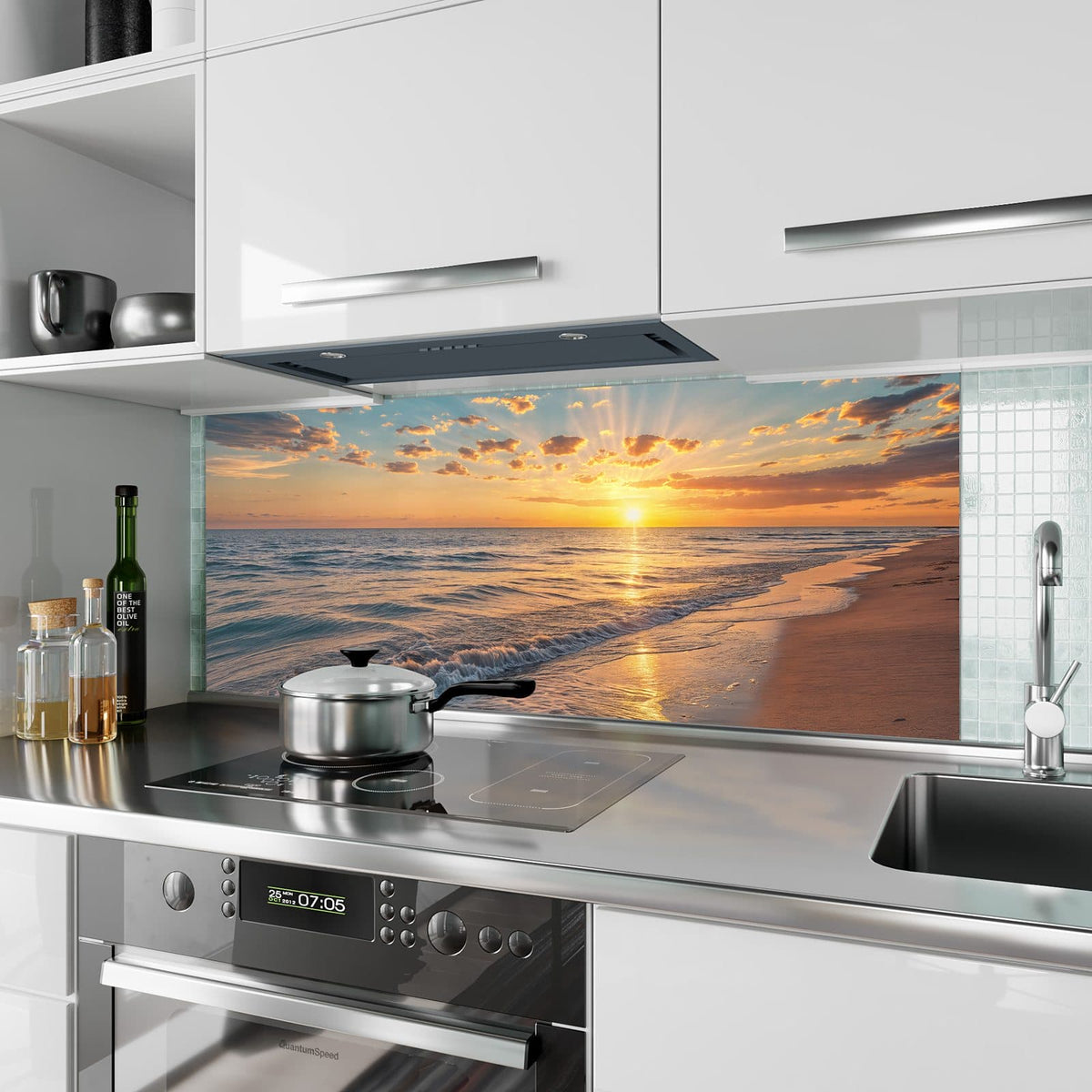 Küchenrückwand aus Glas Abendsonne am Strand im Hochformat als Spritzschutz hinter dem Kochfeld, über dem Fliesenspiegel montiert