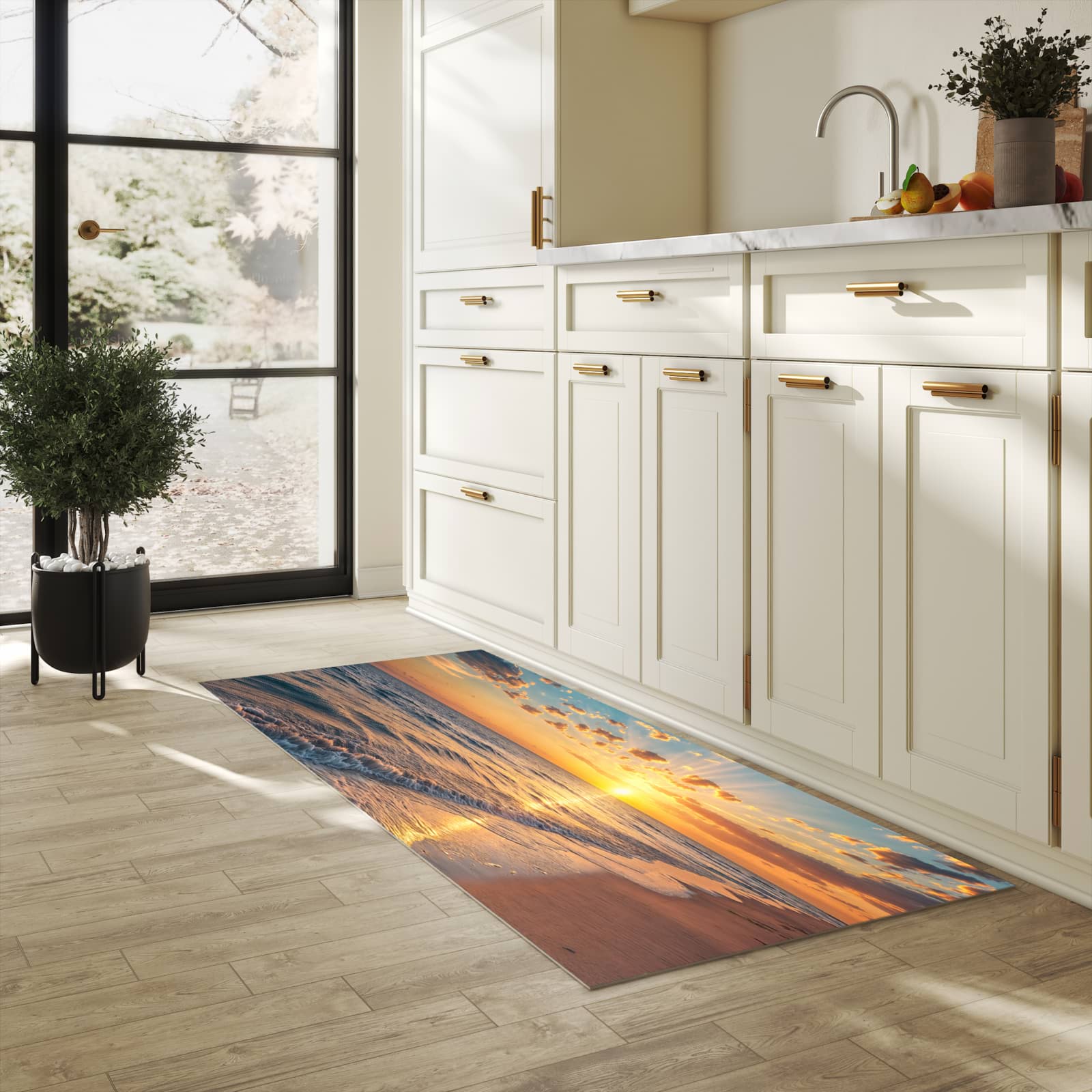 Bodenschonender Küchenteppich mit Motiv Sonnenaufgang Meer in heller Küche