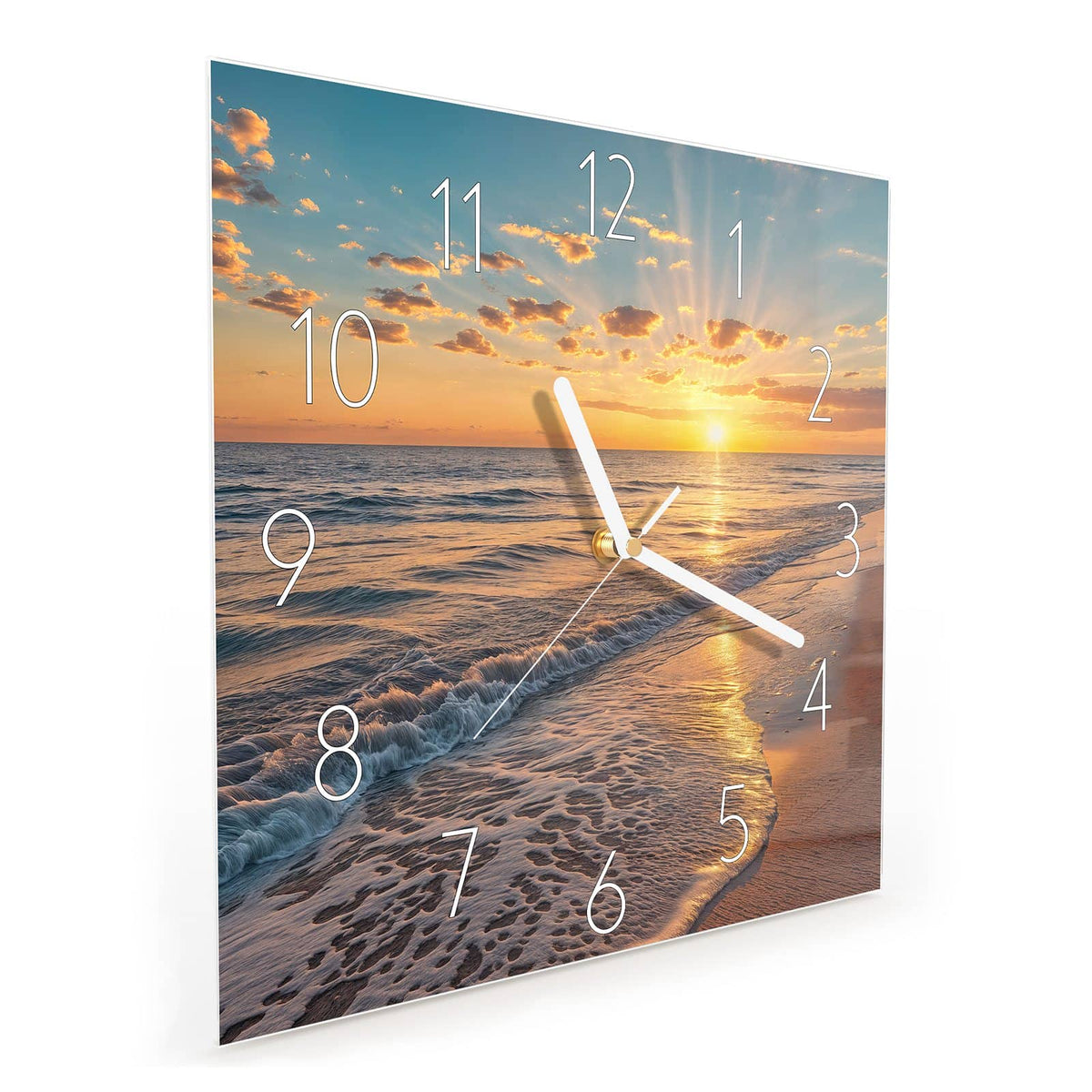 Quadratische Wanduhr aus Glas Abendsonne am Strand schräg von der Seite, 4 mm starkes Glas