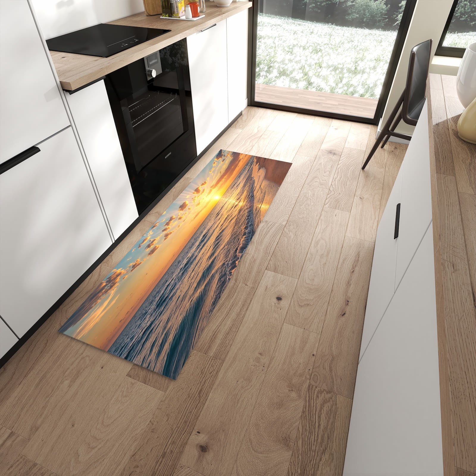 Komfortabler Küchenteppich mit Motiv Sonnenaufgang Meer in moderner Küche - abwaschbar