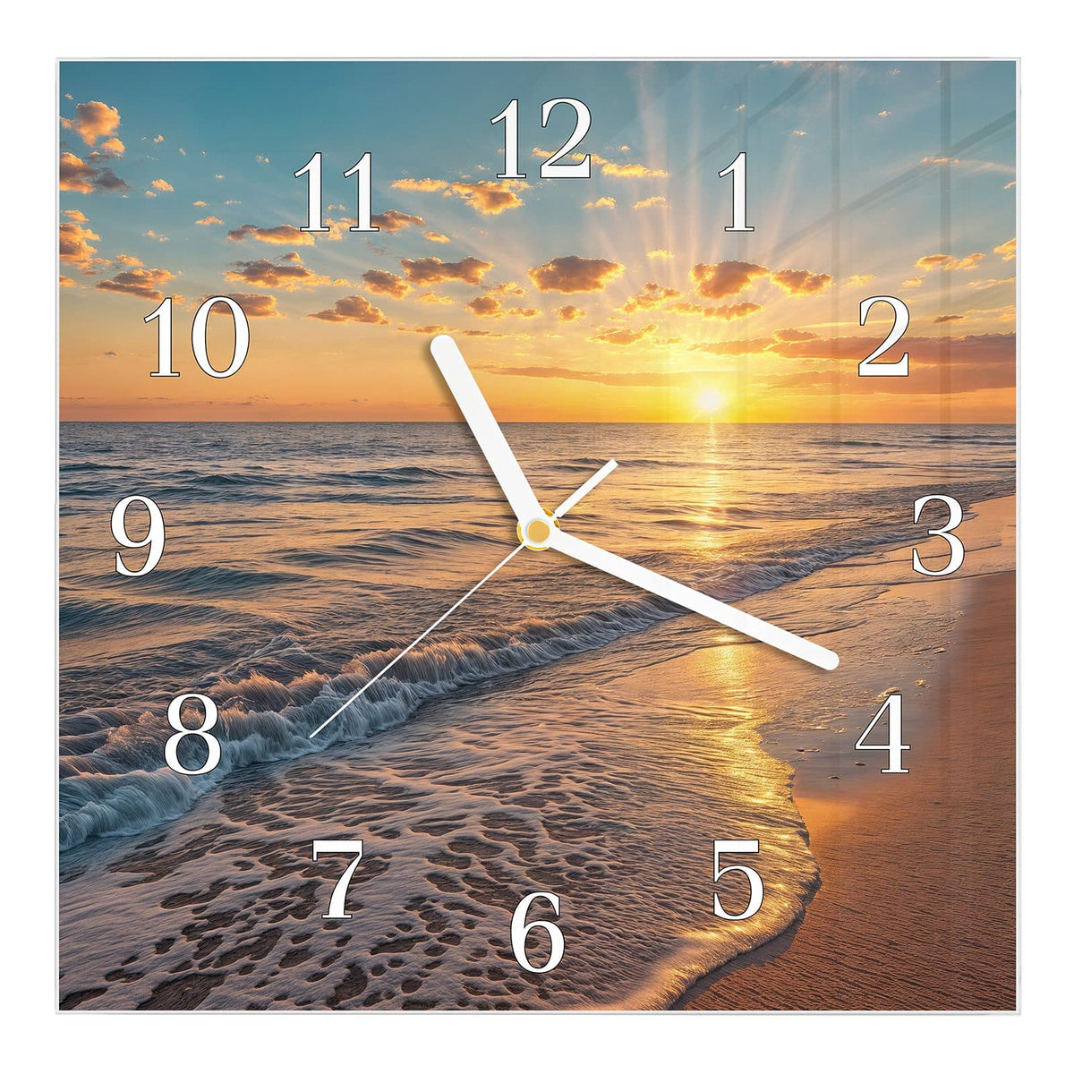 Wanduhr aus Glas, Ziffernblatt Klassisch mit Motiv Abendsonne am Strand: Tiefstehende Sonne mit kräftigen Strahlen über dem Meer