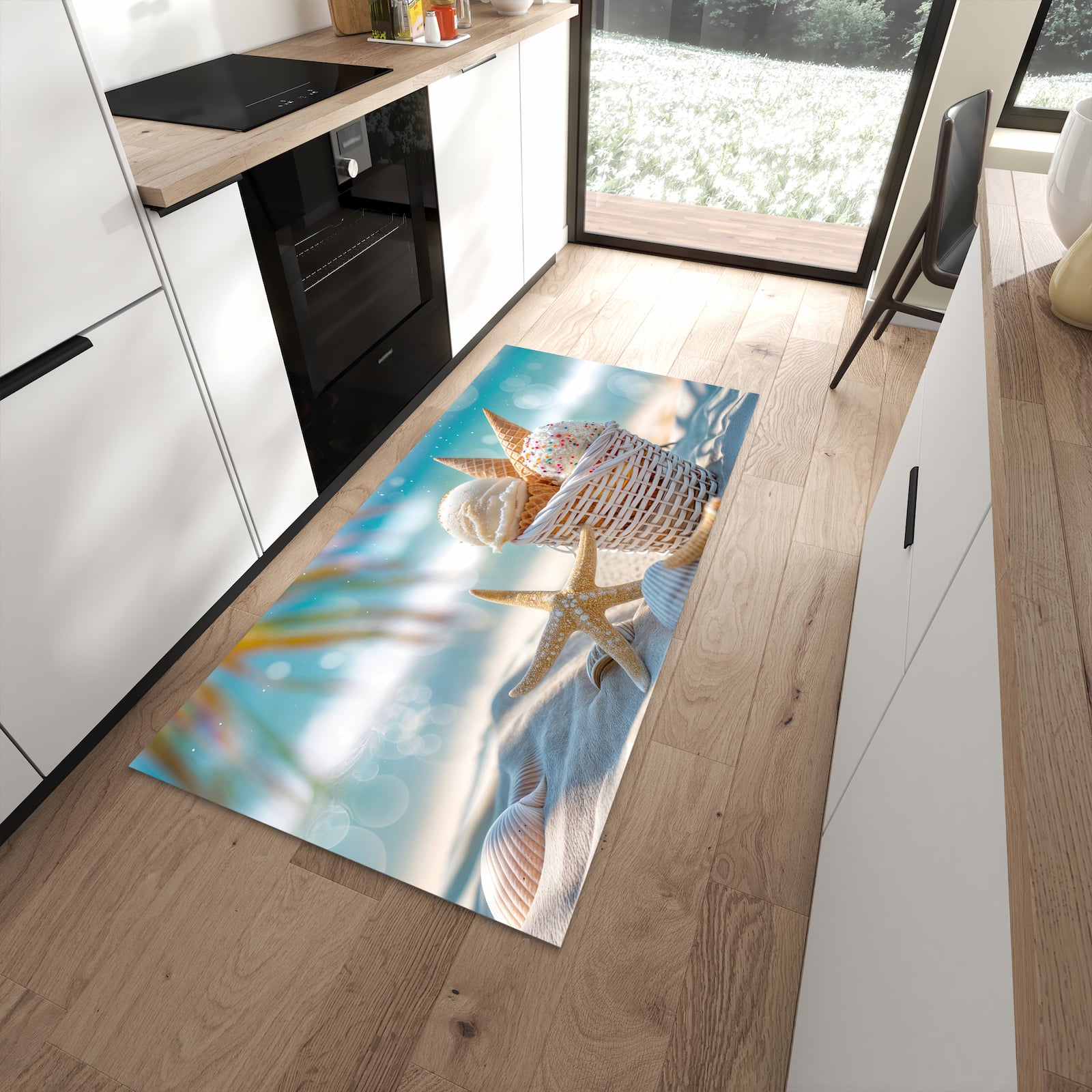 Zeitsparender Küchenläufer nach Maß mit Motiv Sommer Eiskörbchen in moderner Küche