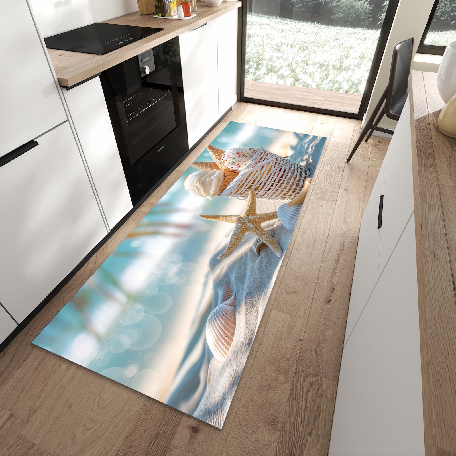 Geräuschdämpfender waschbarer Küchenläufer mit Motiv Sommer Eiskörbchen in moderner Küche