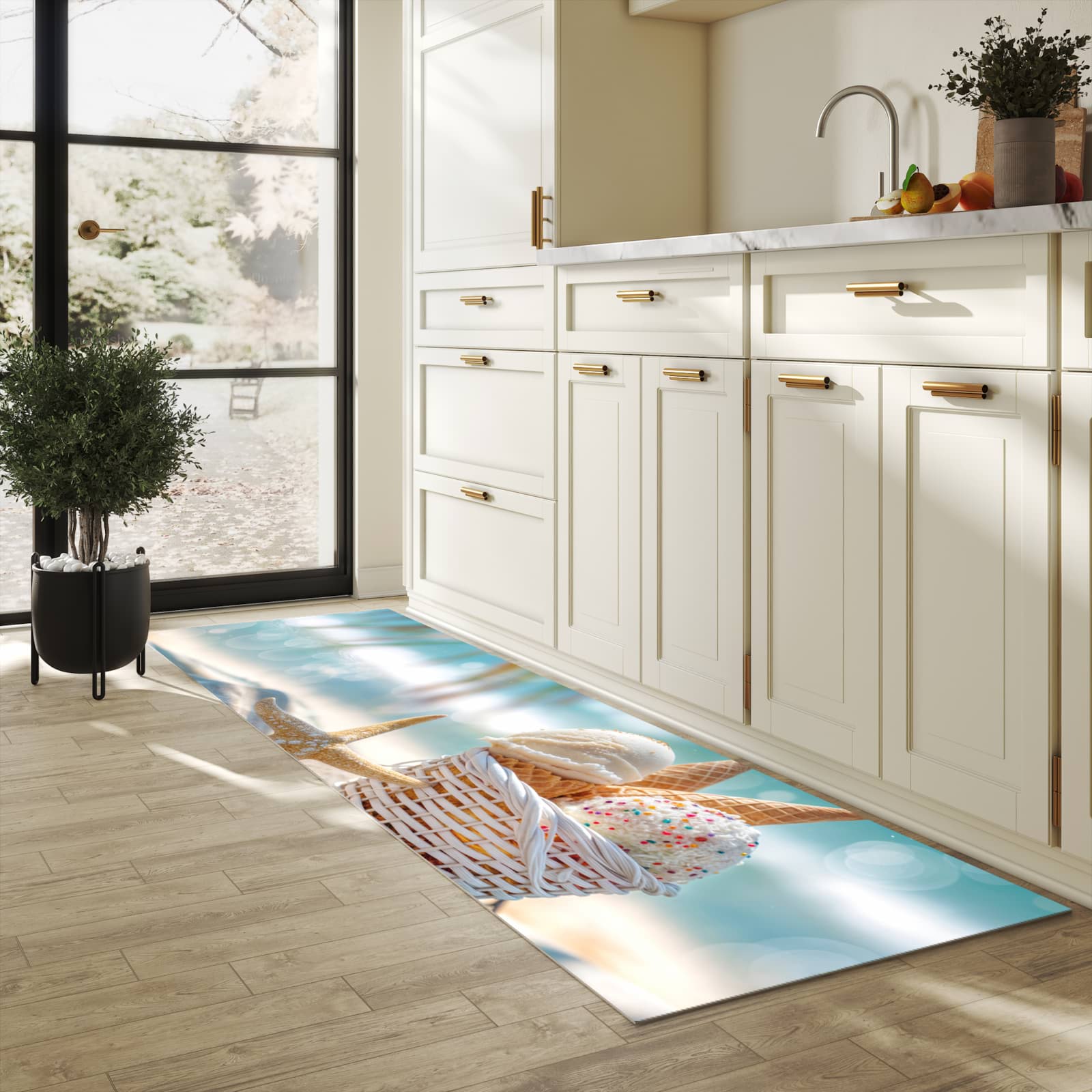 Rutschfester Küchenläufer mit Motiv Sommer Eiskörbchen in heller Küche zum Waschen