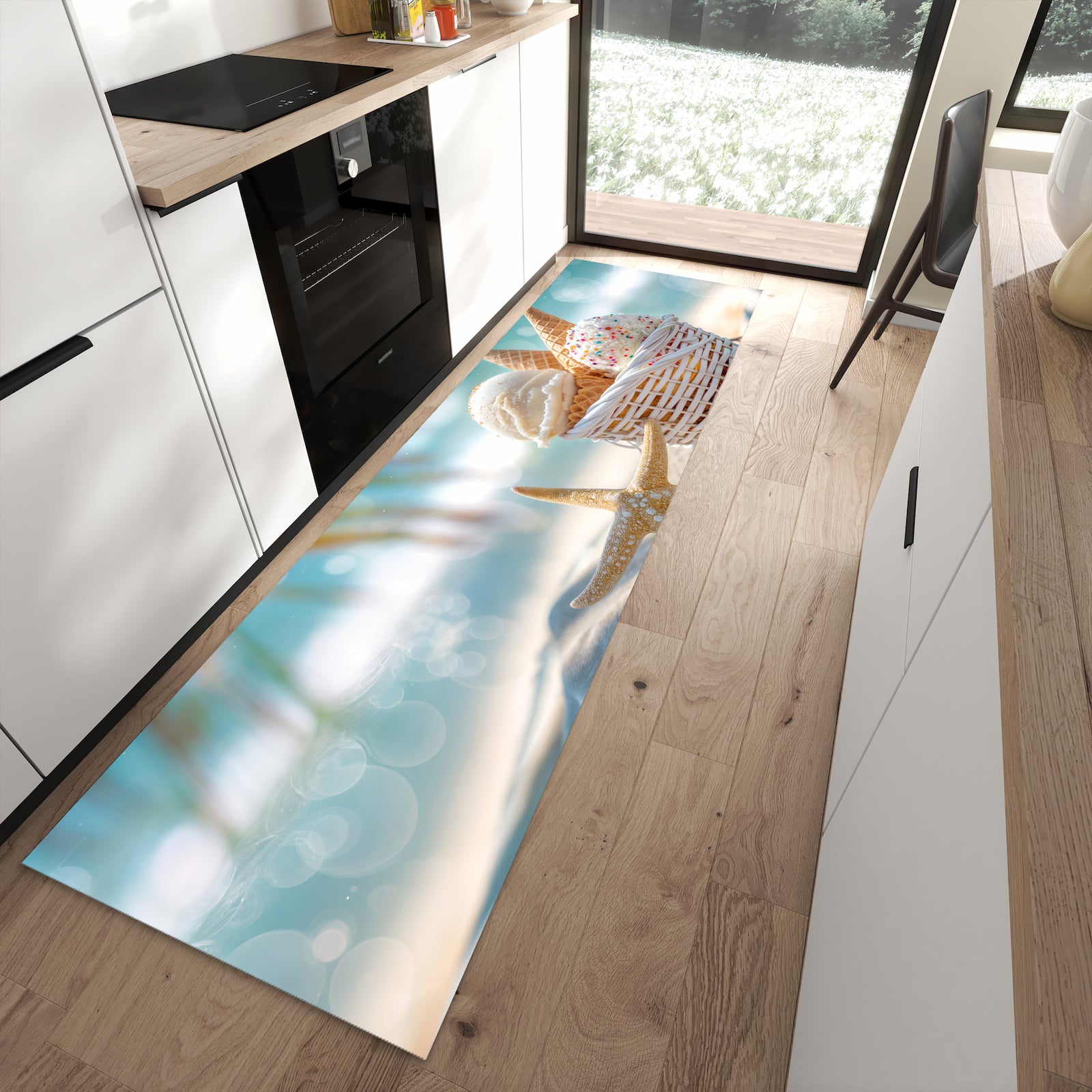 Formstabiler rutschfester Küchenläufer mit Motiv Sommer Eiskörbchen in moderner Küche