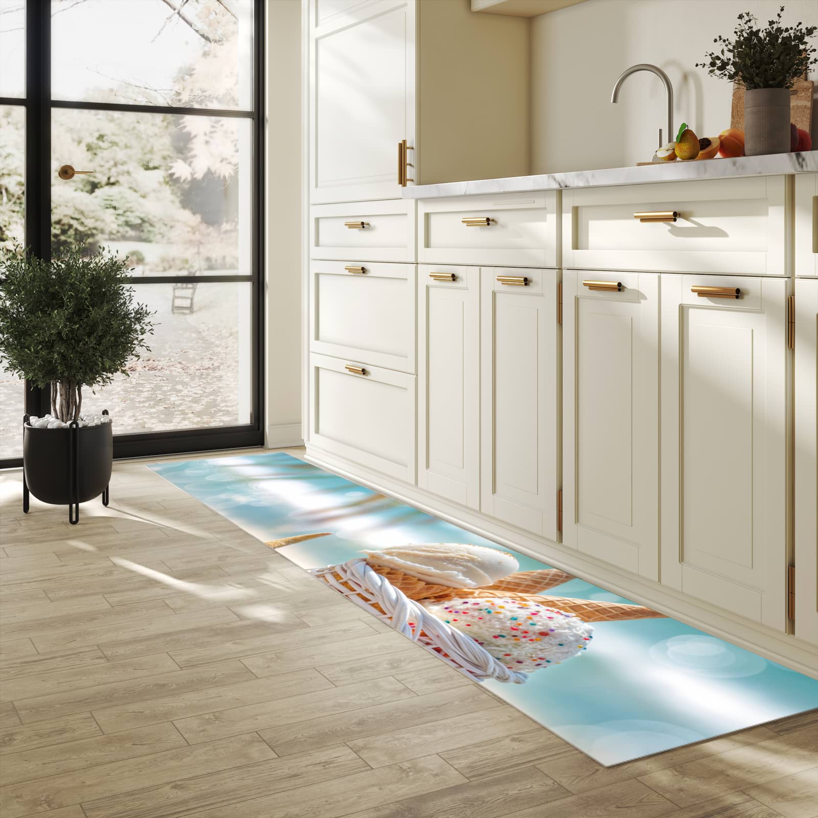 Langlebiger waschbarer Küchenläufer mit Motiv Sommer Eiskörbchen in heller Küche