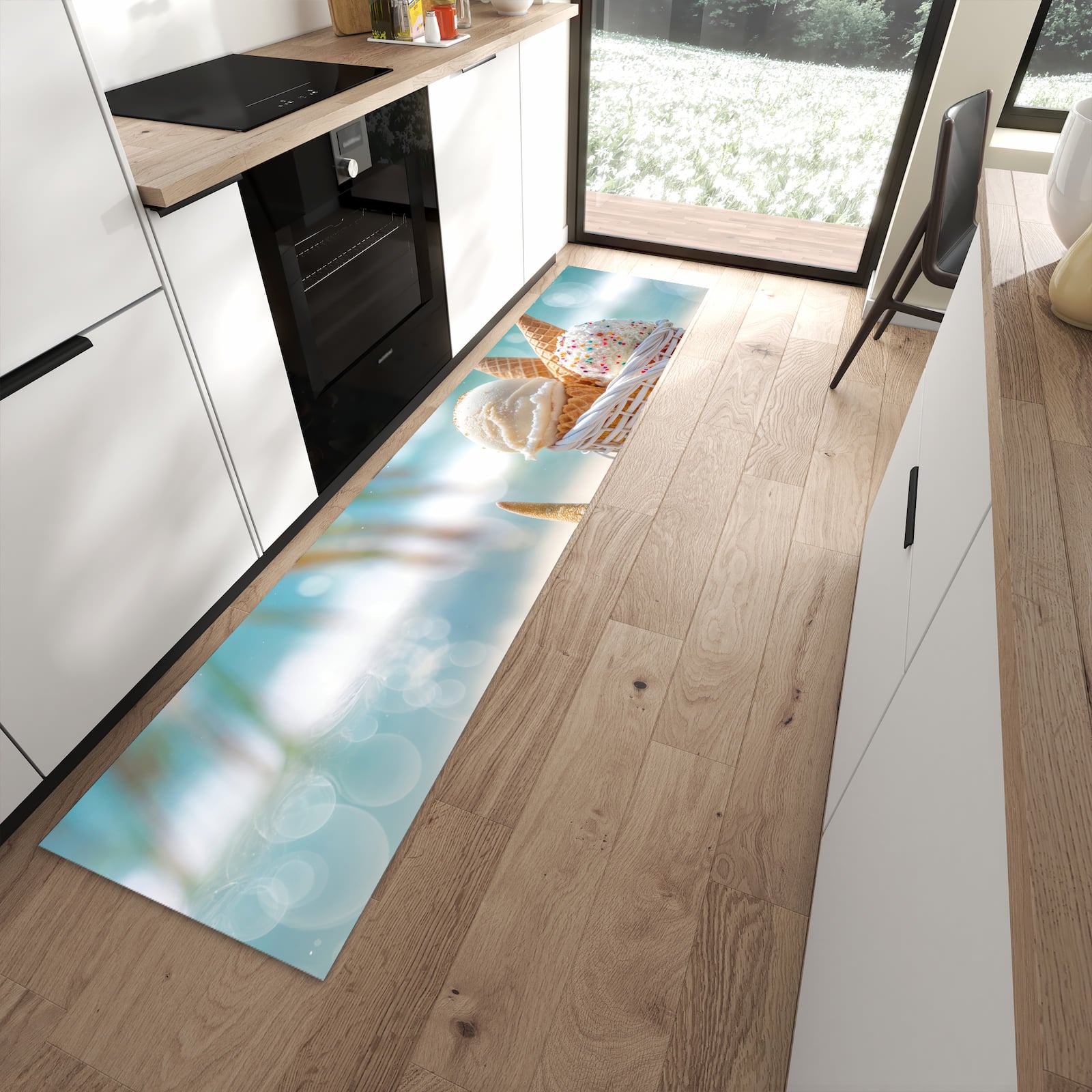 Feuchtigkeitsresistenter Küchenläufer mit Motiv Sommer Eiskörbchen in moderner Küche
