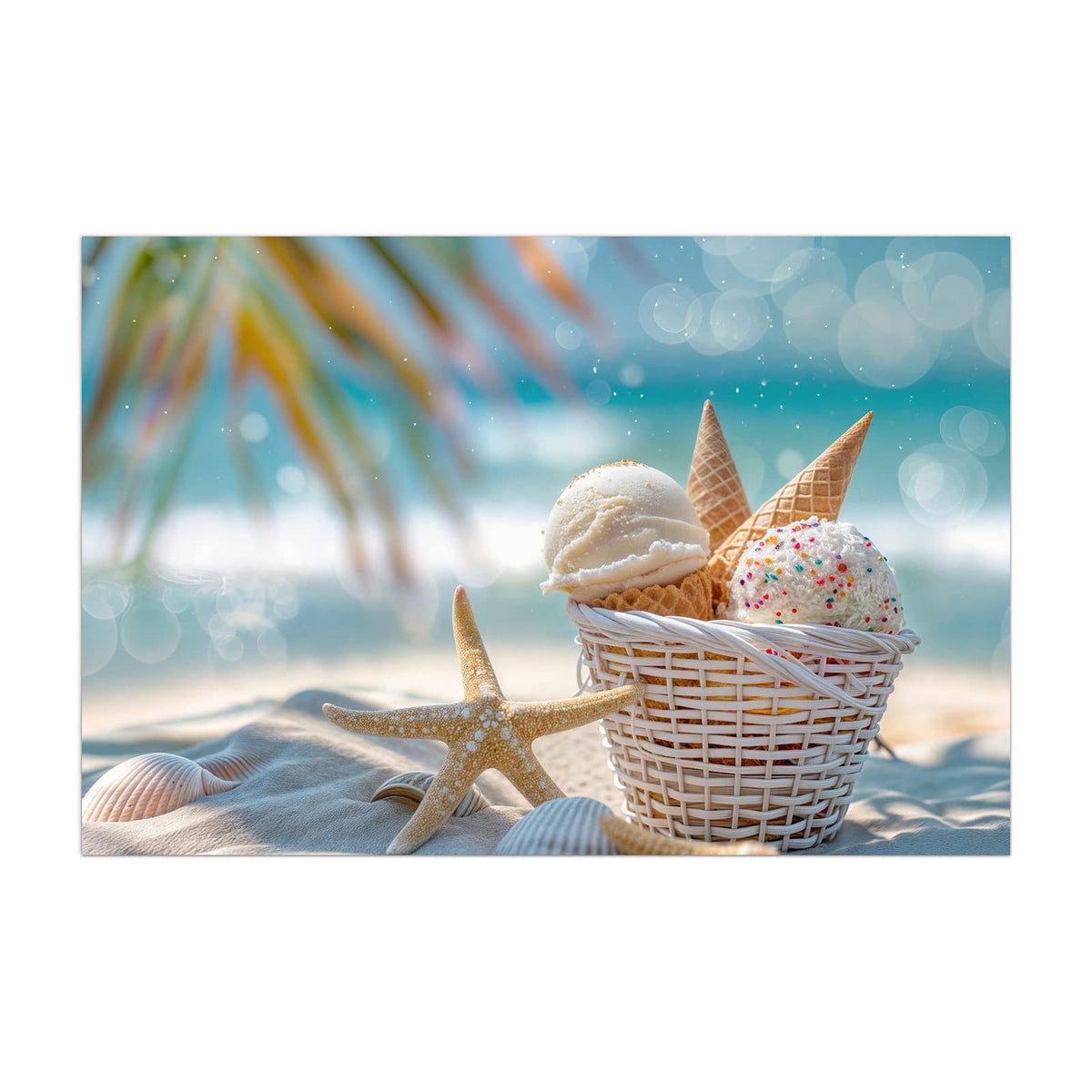 Küchenrückwand aus Glas Eiskugeln am Strand im Hochformat, Motiv bildfüllend von vorn