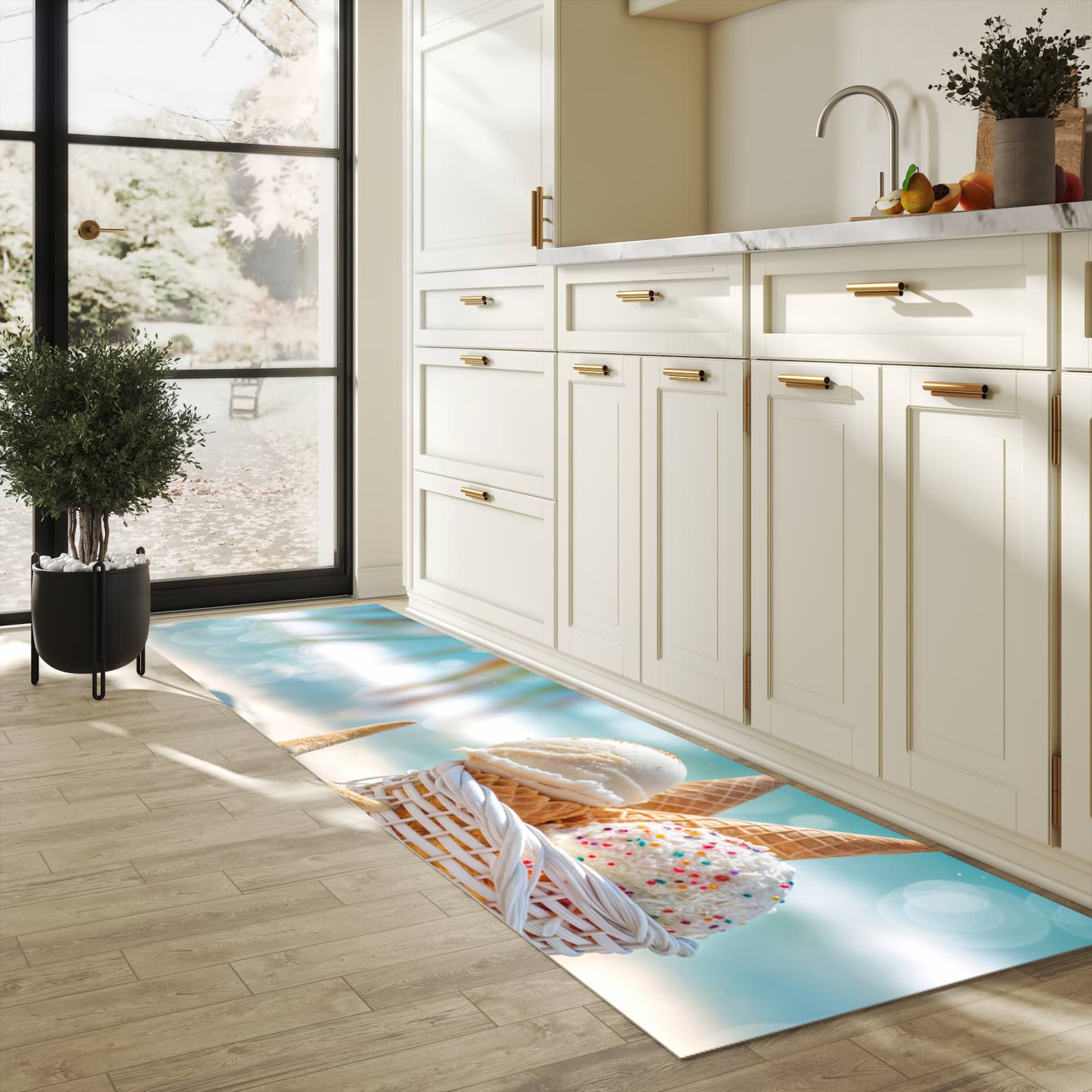 Pflegeleichter moderner Küchenläufer mit Motiv Sommer Eiskörbchen in heller Küche