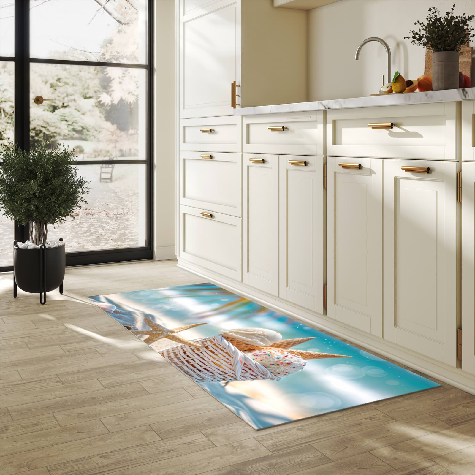 Pflegeleichter moderner Küchenläufer mit Motiv Sommer Eiskörbchen in heller Küche