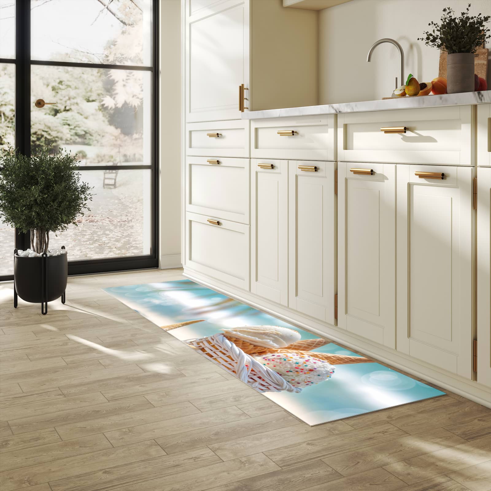 Schmutzabweisender rutschfester Küchenläufer mit Motiv Sommer Eiskörbchen in heller Küche