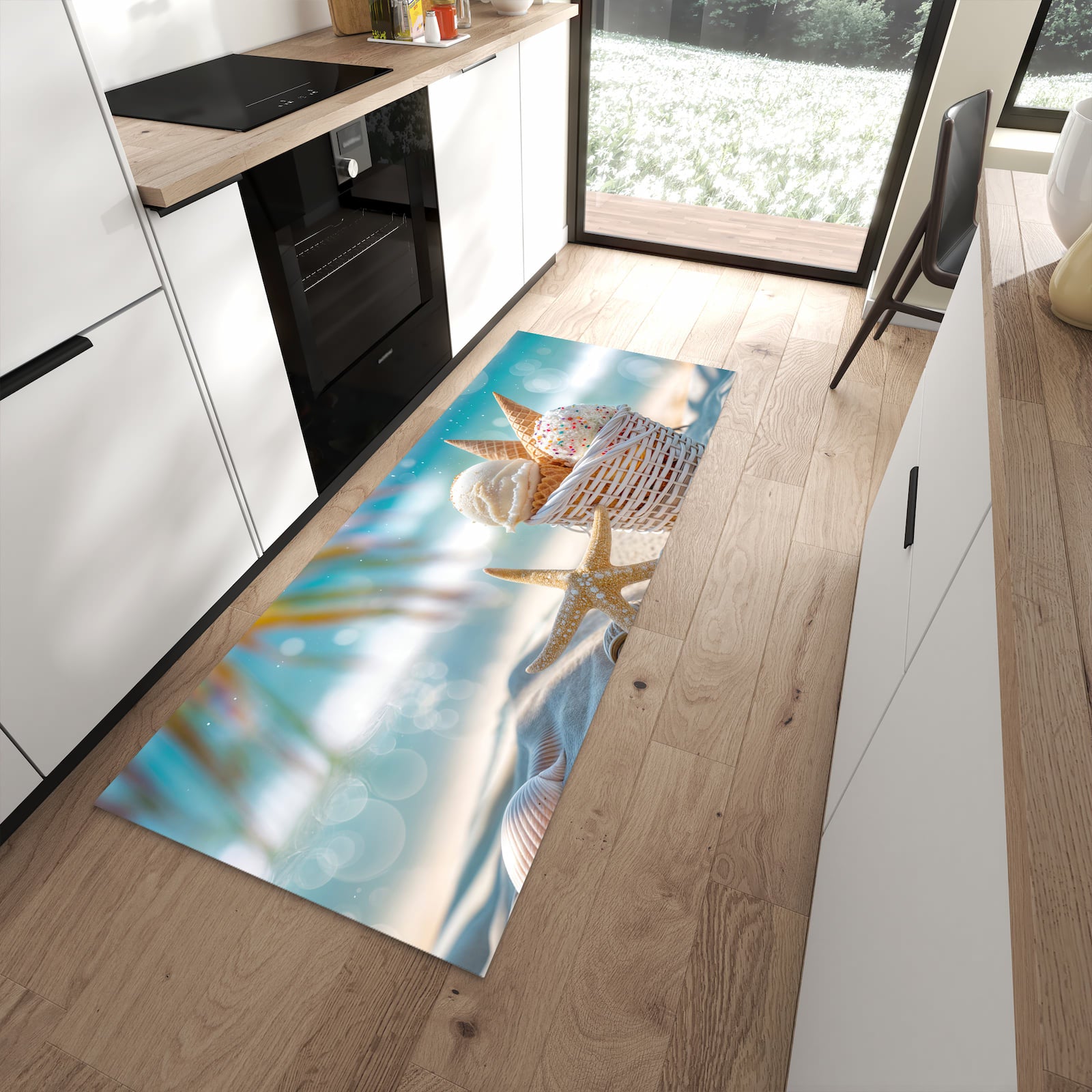 Bodenschonender rutschfester Küchenläufer mit Motiv Sommer Eiskörbchen in moderner Küche