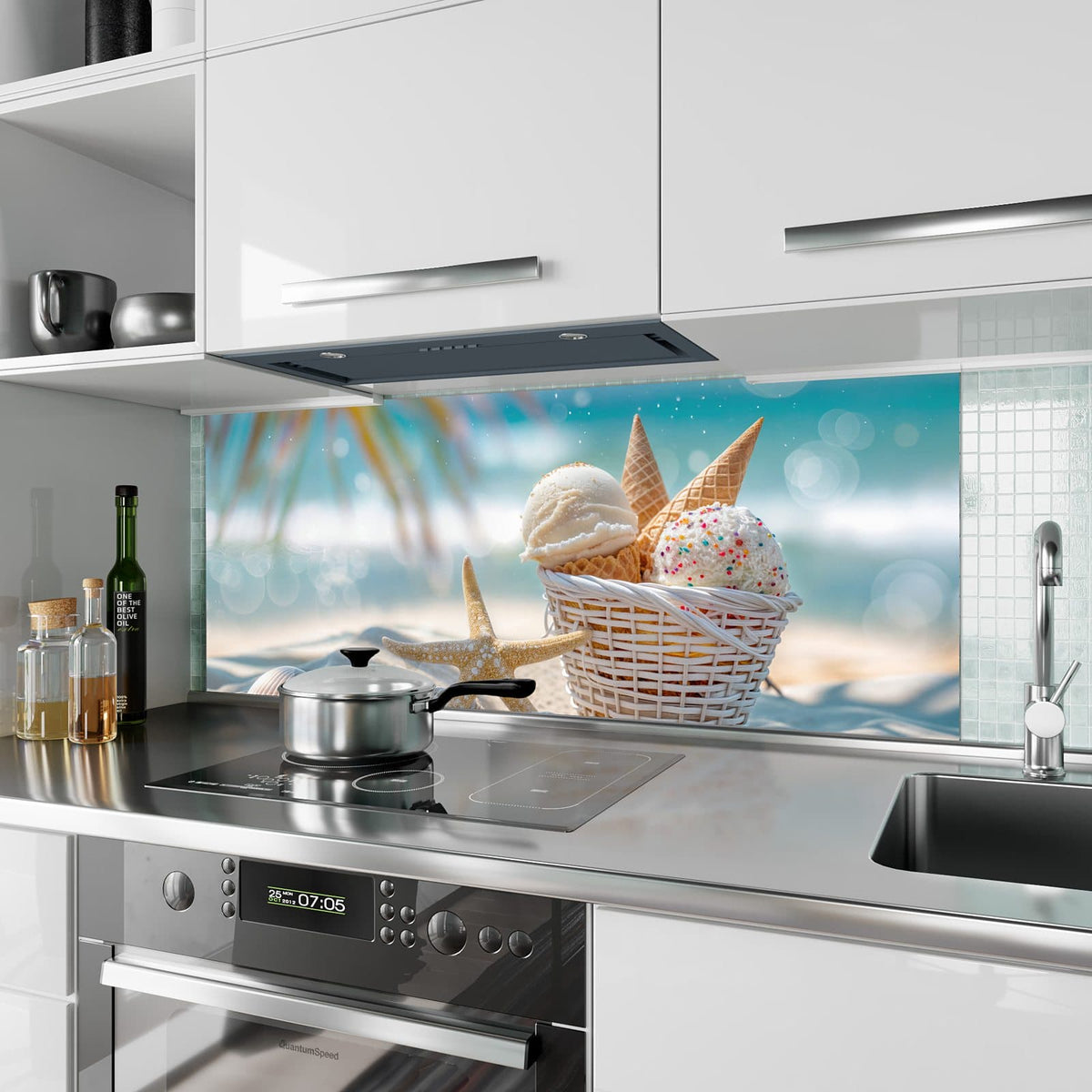 Küchenrückwand aus Glas Eiskugeln am Strand im Hochformat als Spritzschutz hinter dem Kochfeld, über dem Fliesenspiegel montiert