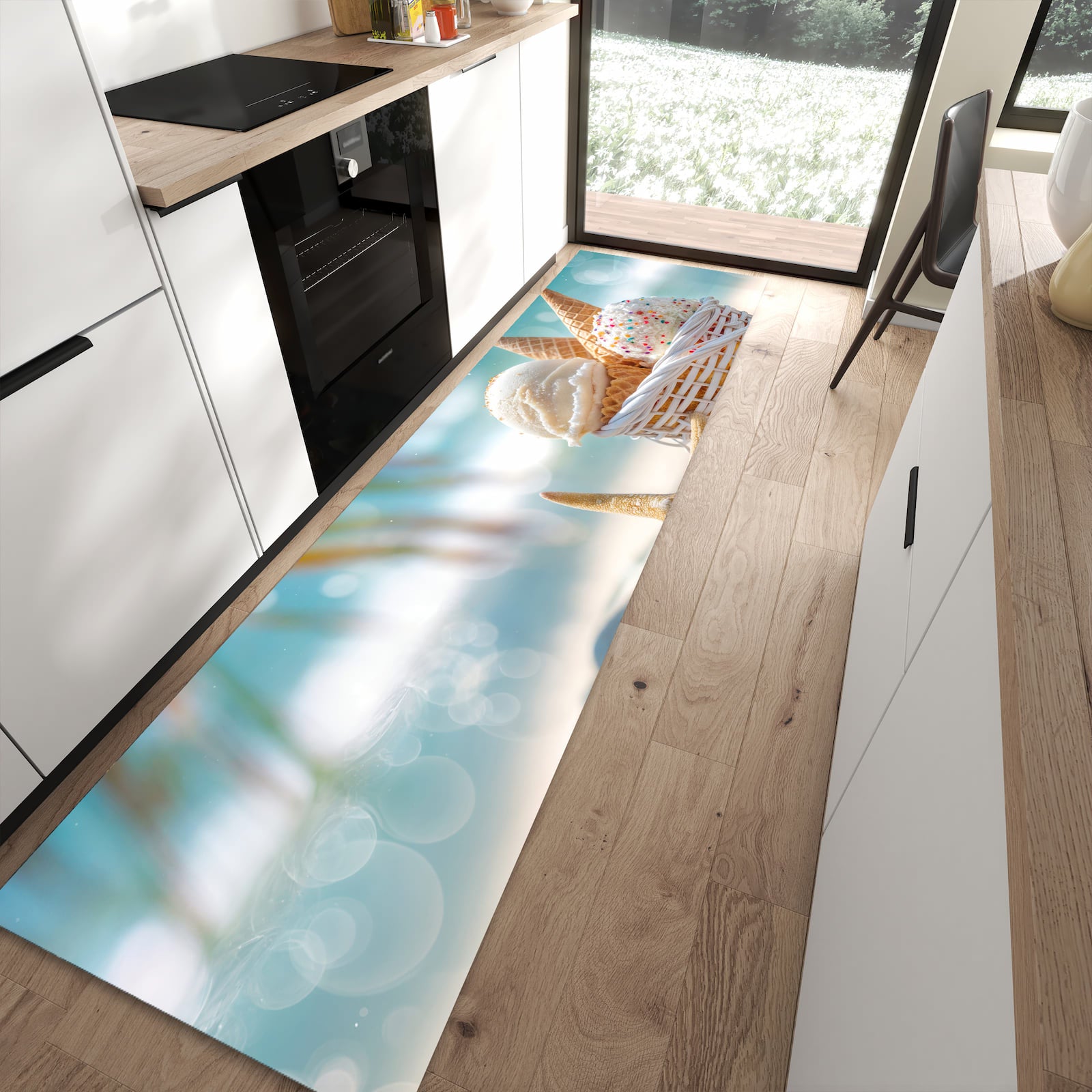 Sicherer Küchenläufer mit Motiv Sommer Eiskörbchen in moderner Küche