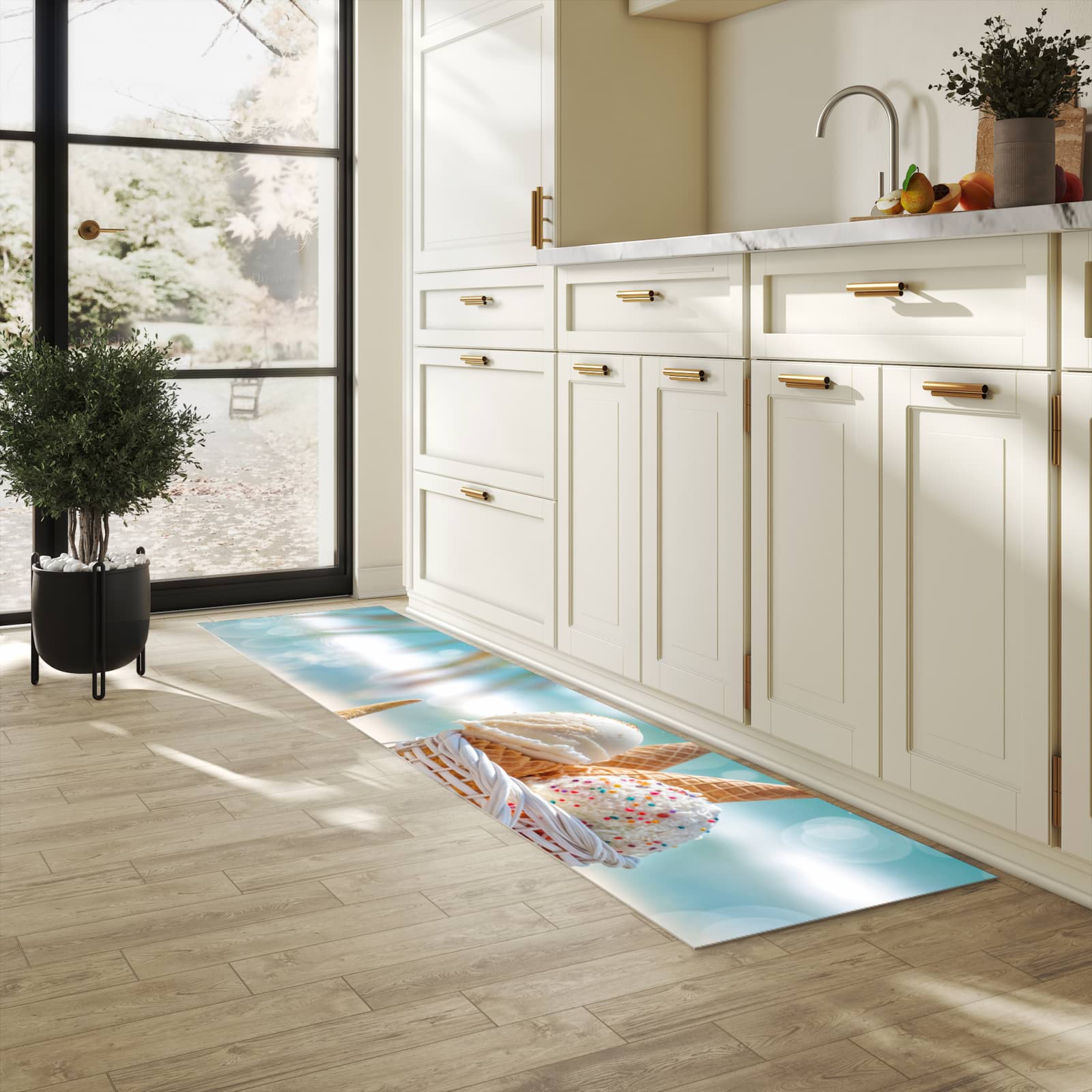 Geruchsneutraler rutschfester Küchenläufer mit Motiv Sommer Eiskörbchen in heller Küche
