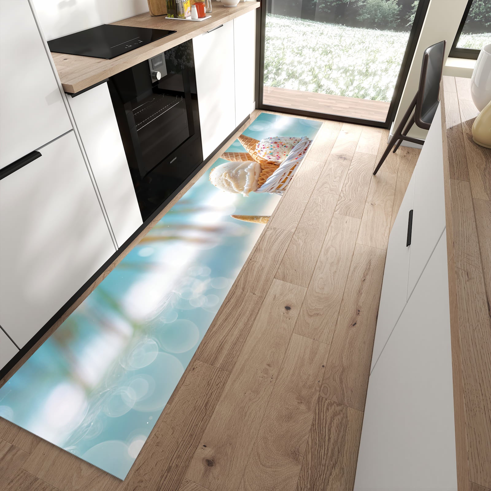 Rutschfester Küchenläufer mit Motiv Sommer Eiskörbchen schützt Böden in moderner Küche