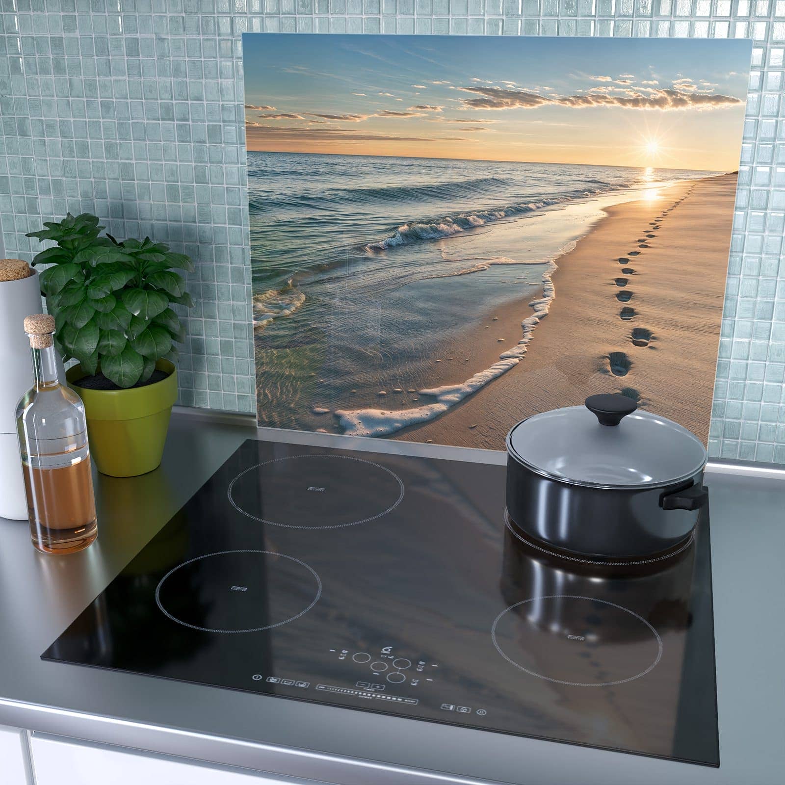 1-teilige Herdabdeckplatte mit Strandspuren-Motiv als Spritzschutz hinter dem Kochfeld