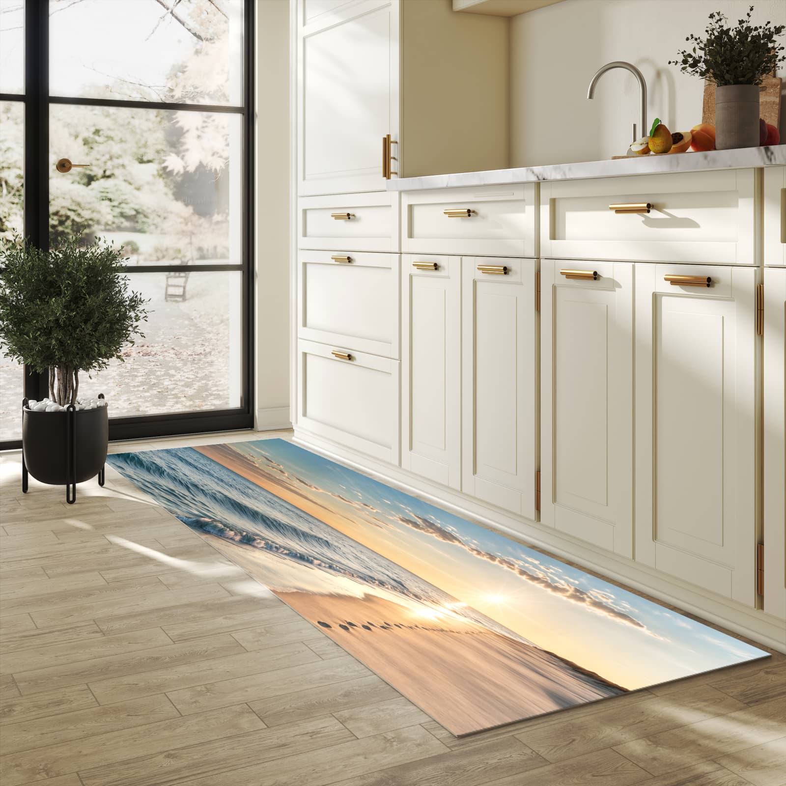 Zeitsparender großer Küchenteppich mit Motiv Strandspuren in heller Küche