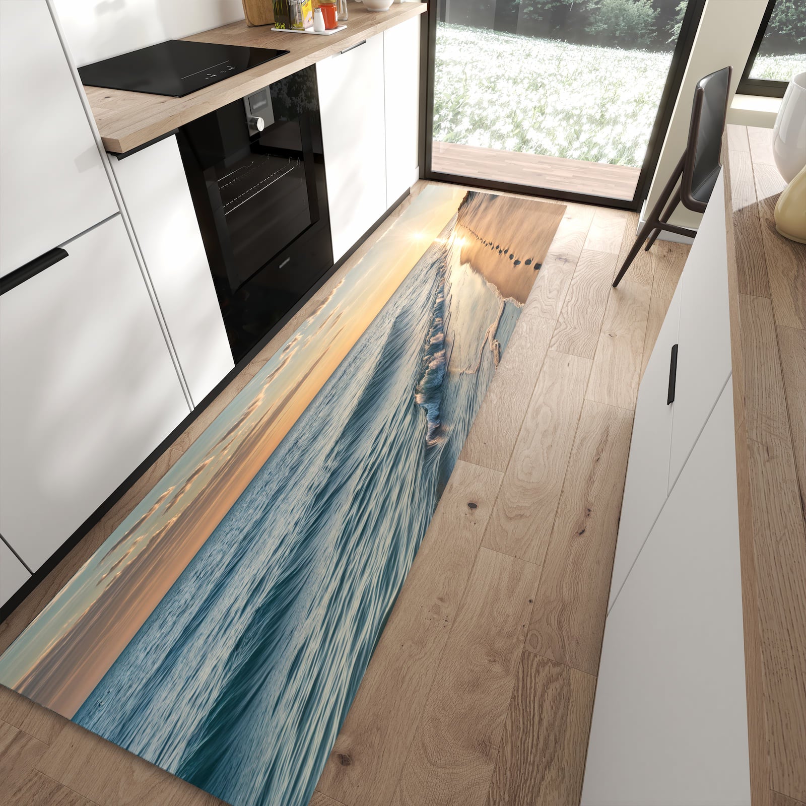Leicht zu reinigender Küchenteppich mit Motiv Strandspuren in moderner Küche
