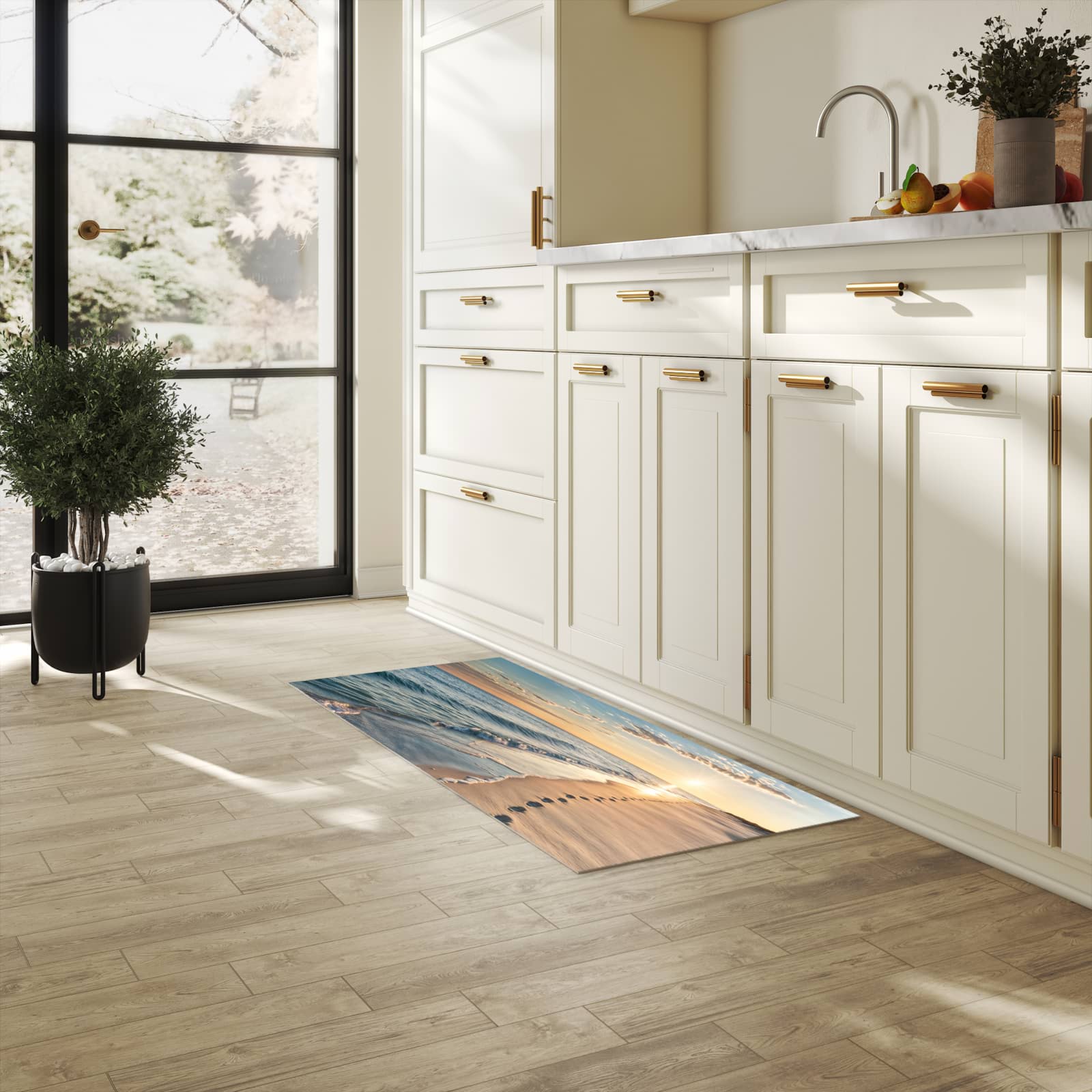 Rutschfester Bodenläufer-Teppich mit Motiv Strandspuren in heller Küche
