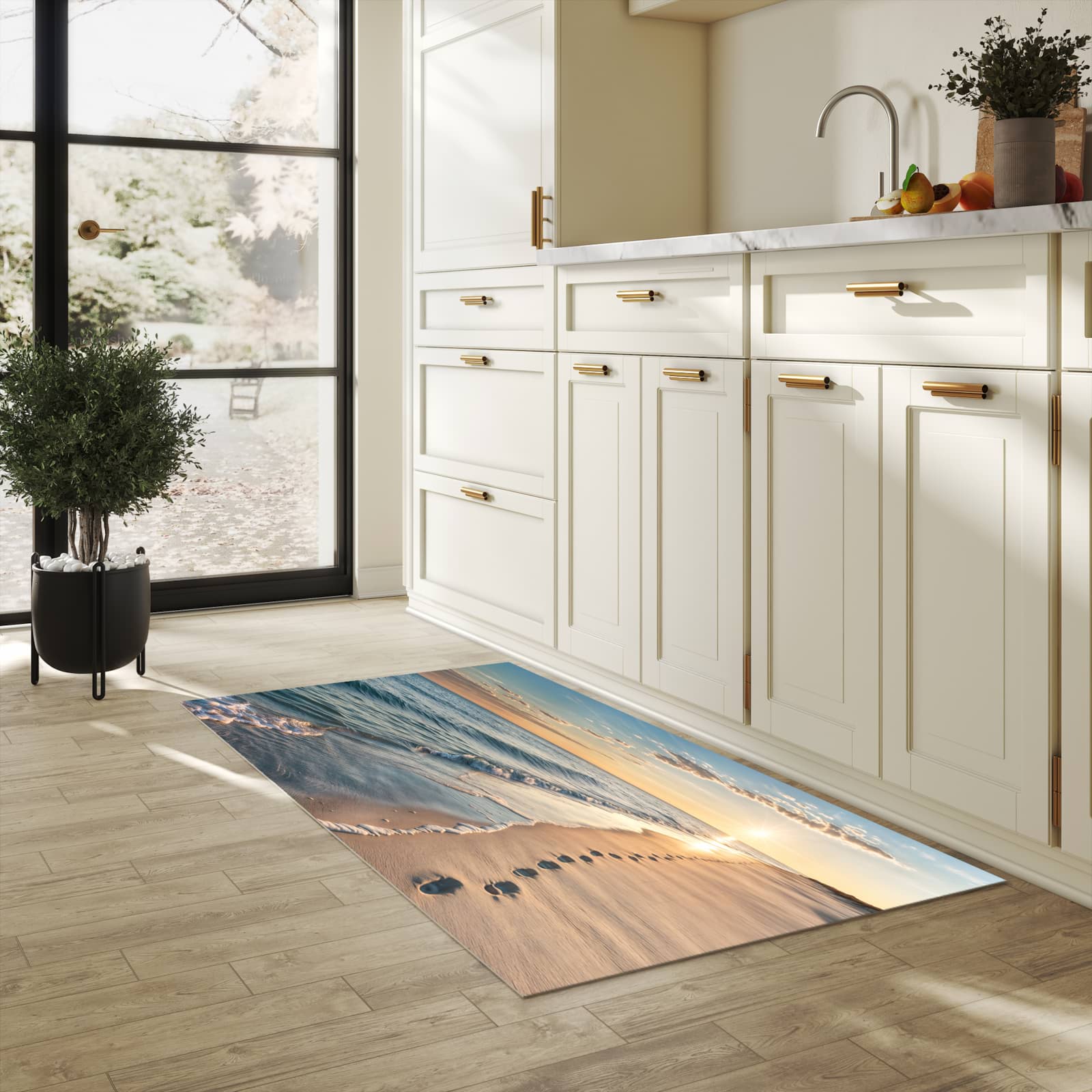 Abriebfester Küchenteppich mit Motiv Strandspuren in heller Küche