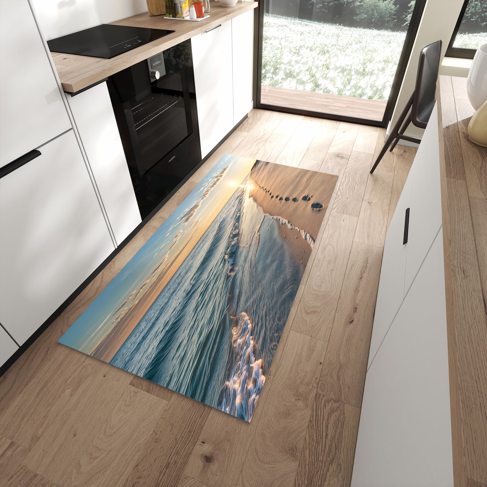 Küchenteppich mit Motiv Strandspuren für angenehmes Stehen in moderner Küche