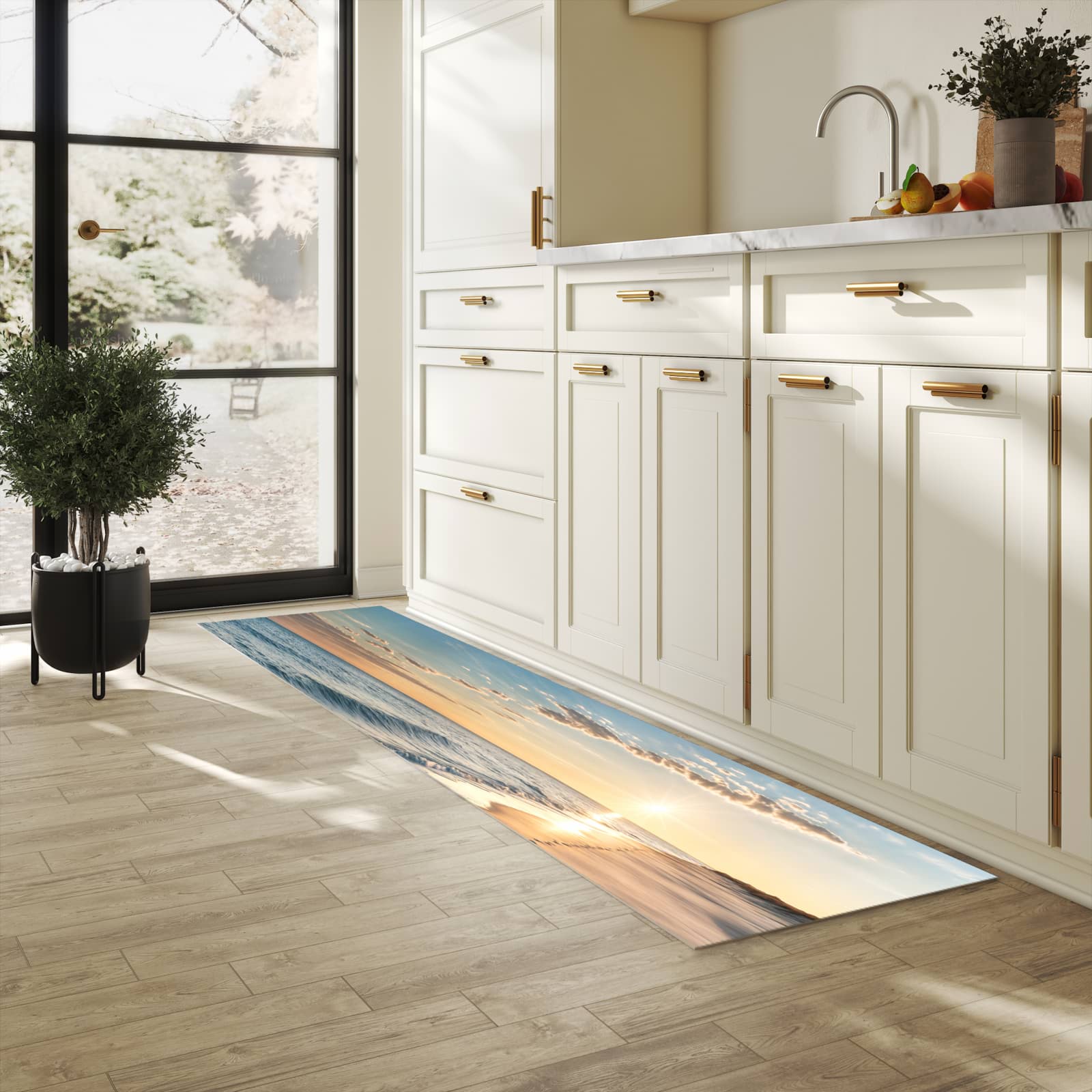 Küchenteppich mit Motiv Strandspuren für Ordnung & Übersicht in heller Küche