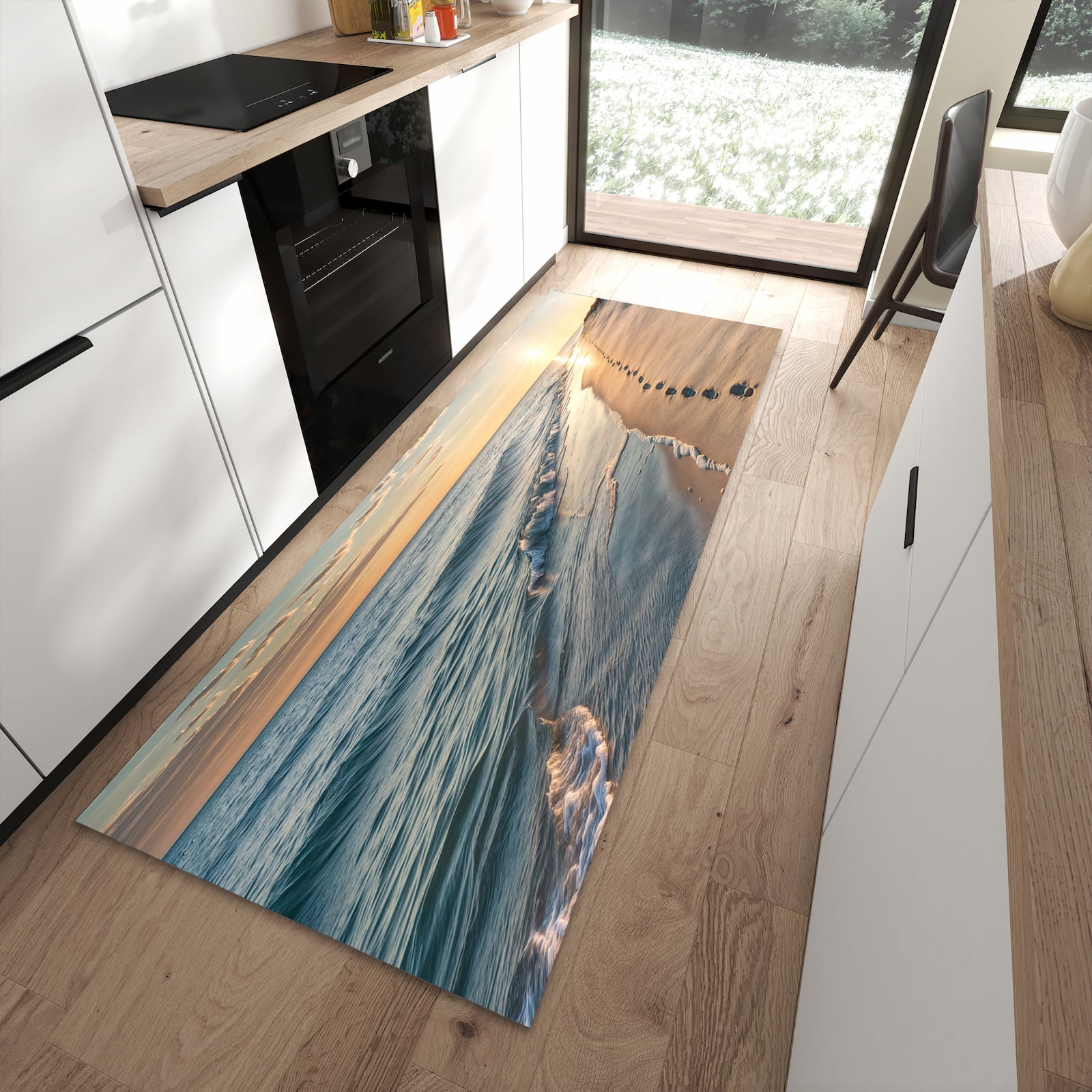 Hygienischer großer Küchenteppich mit Motiv Strandspuren in moderner Küche