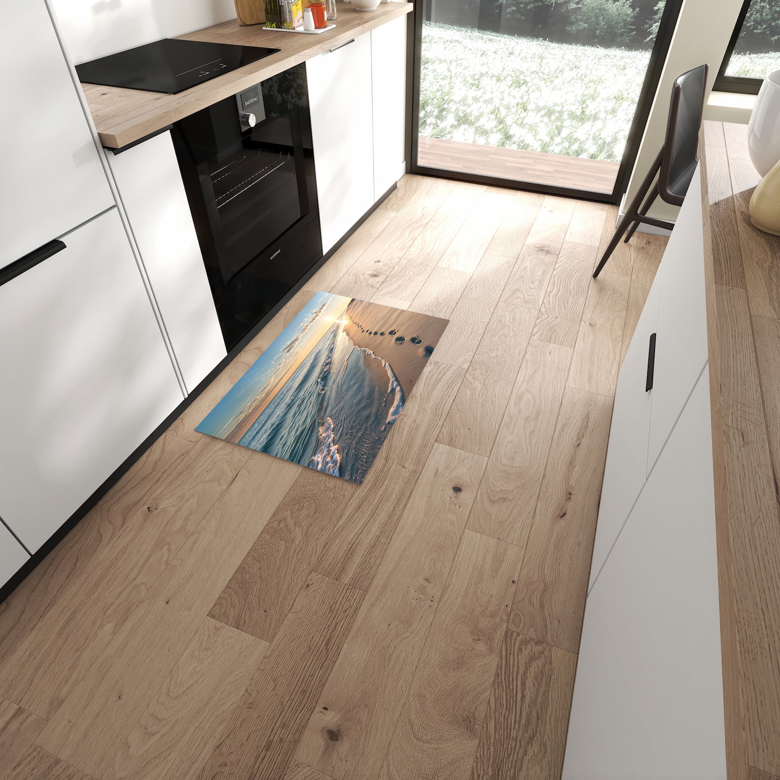 Flacher Küchenteppich mit Motiv Strandspuren in moderner Küche - waschbar