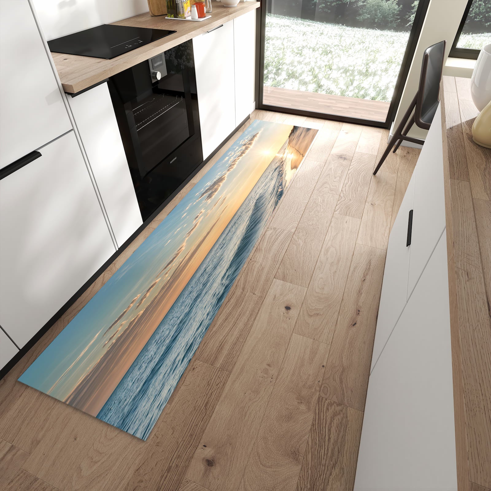 Geruchsneutraler Bodenläufer Teppich mit Motiv Strandspuren in moderner Küche