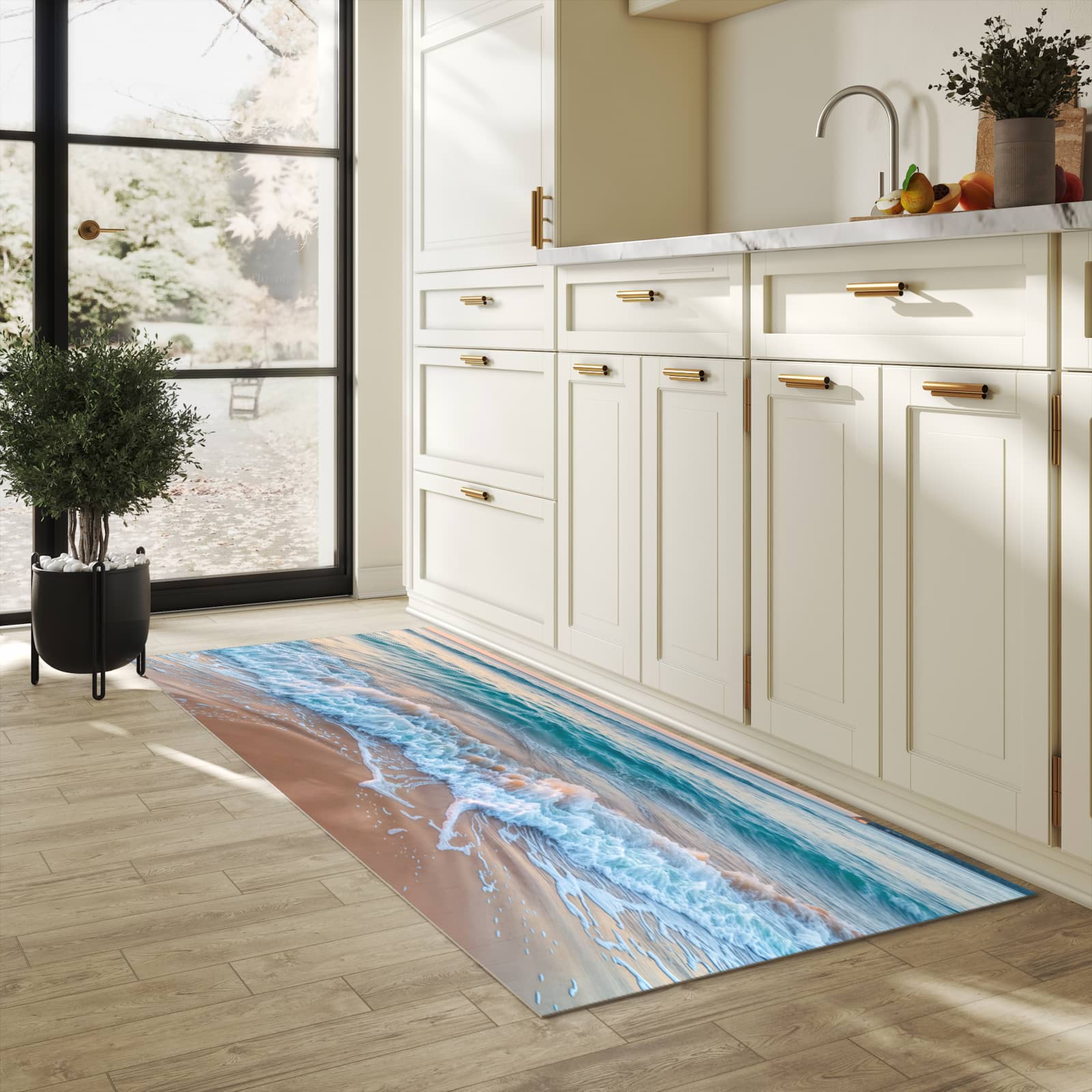 Waschbarer rutschfester Küchenteppich mit Motiv Strandhorizont in heller Küche