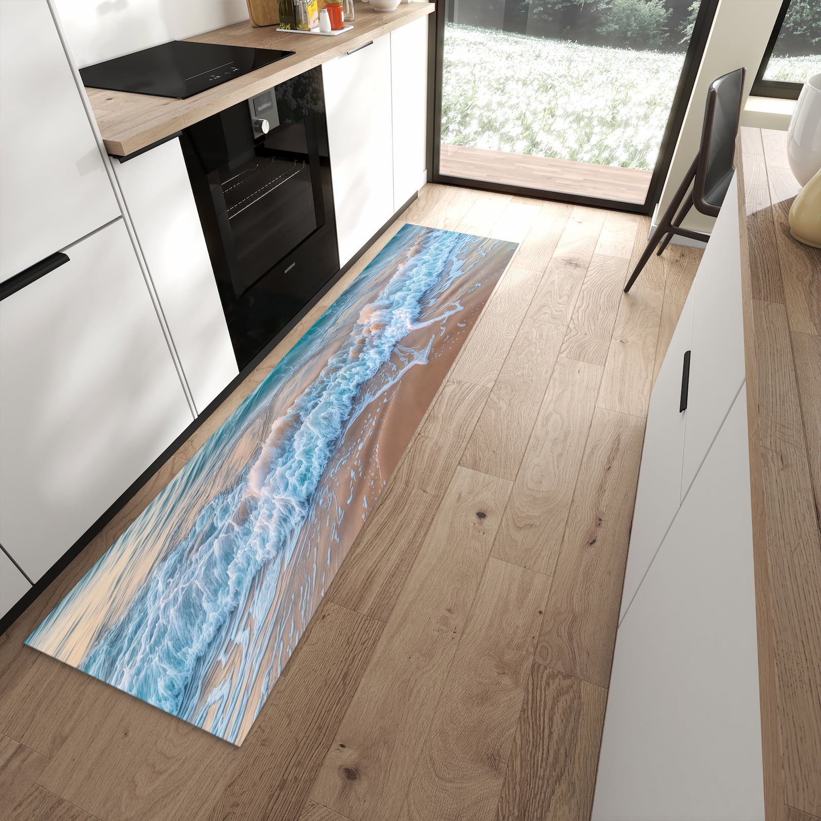 Bodenschonender Küchenteppich mit Motiv Strandhorizont in moderner Küche