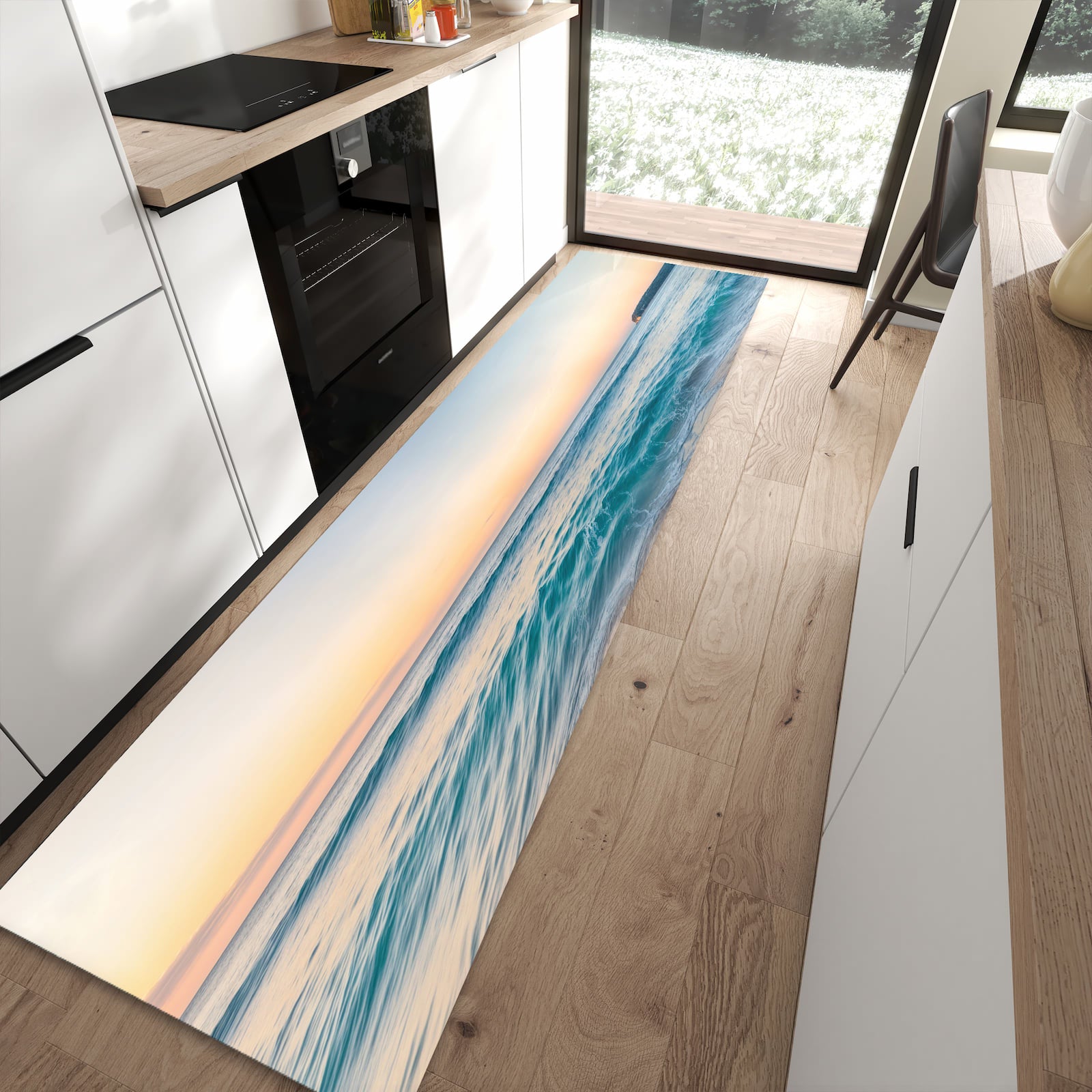 Geräuschdämpfender dünner Teppich mit Motiv Strandhorizont in moderner Küche