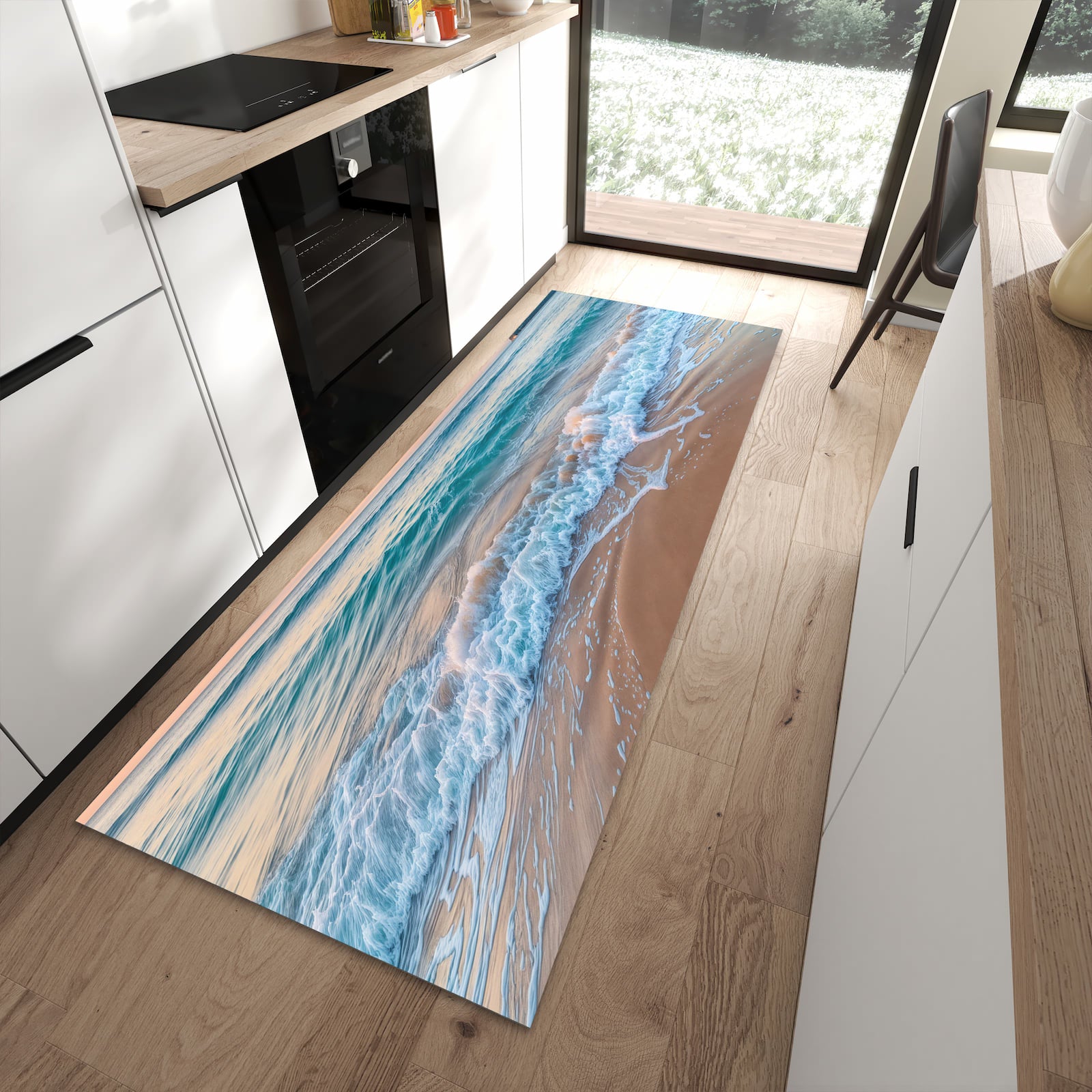UV-beständiger waschbarer Küchenteppich mit Motiv Strandhorizont in moderner Küche