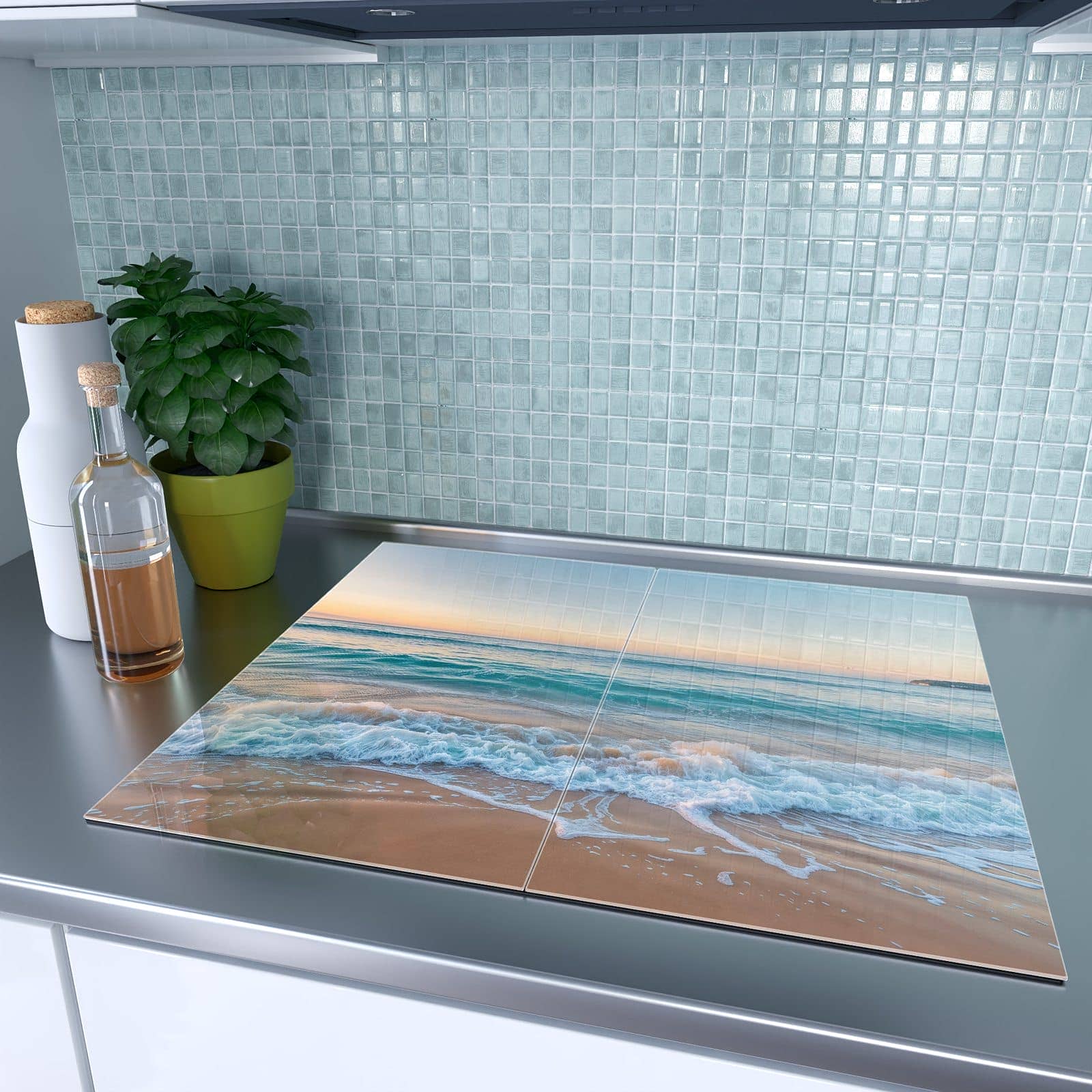 2-teilige Herdabdeckplatte mit Strandhorizont-Motiv auf dem Ceranfeld