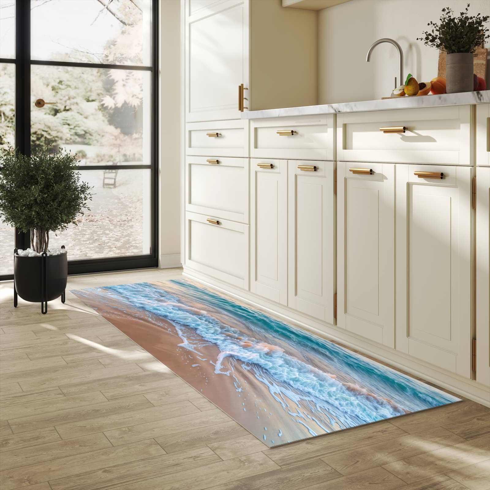 Rutschfester Küchenteppich mit Motiv Strandhorizont in heller Küche, einfach zu reinigen