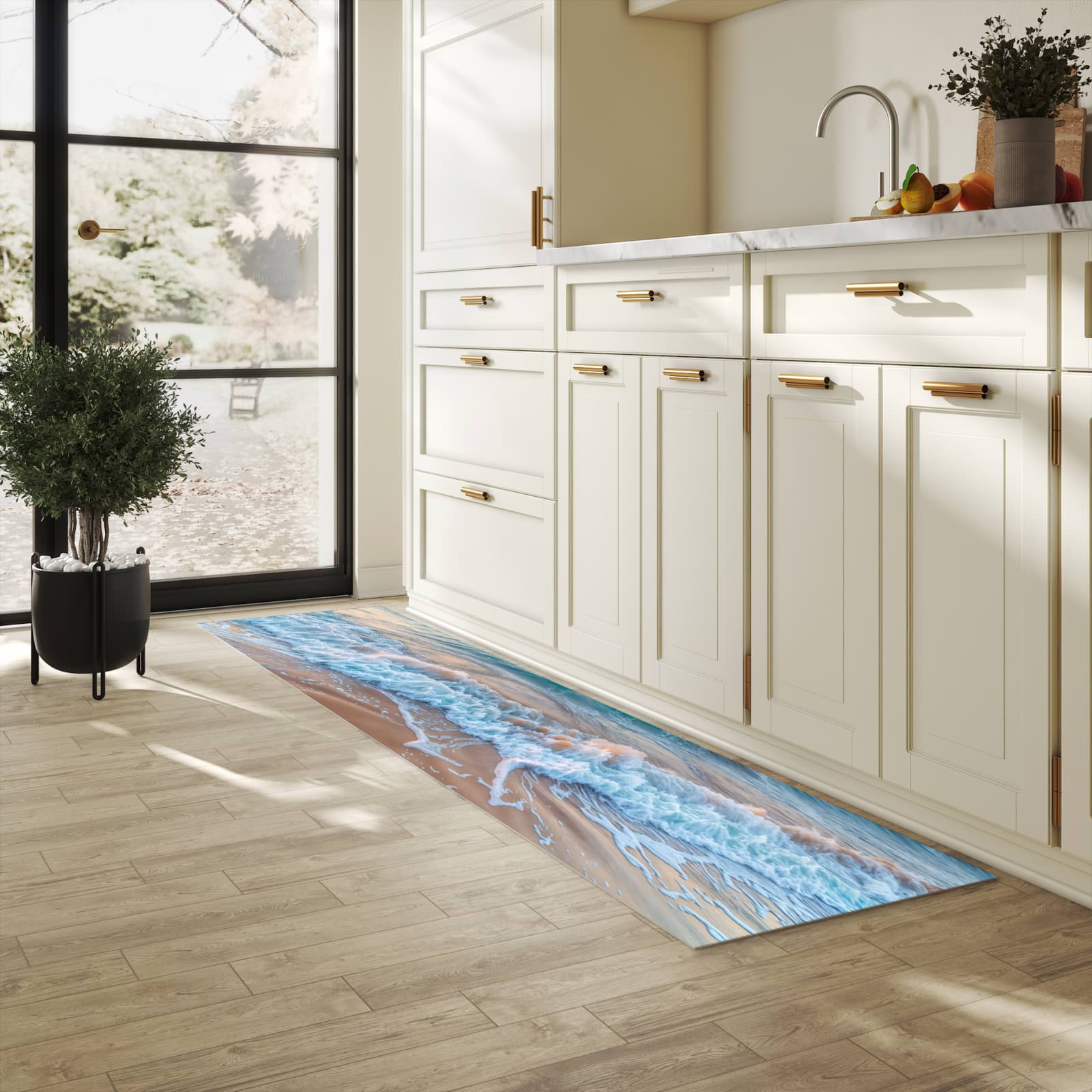 Flacher Küchenläufer mit Motiv Strandhorizont in heller Küche für lange Teppiche