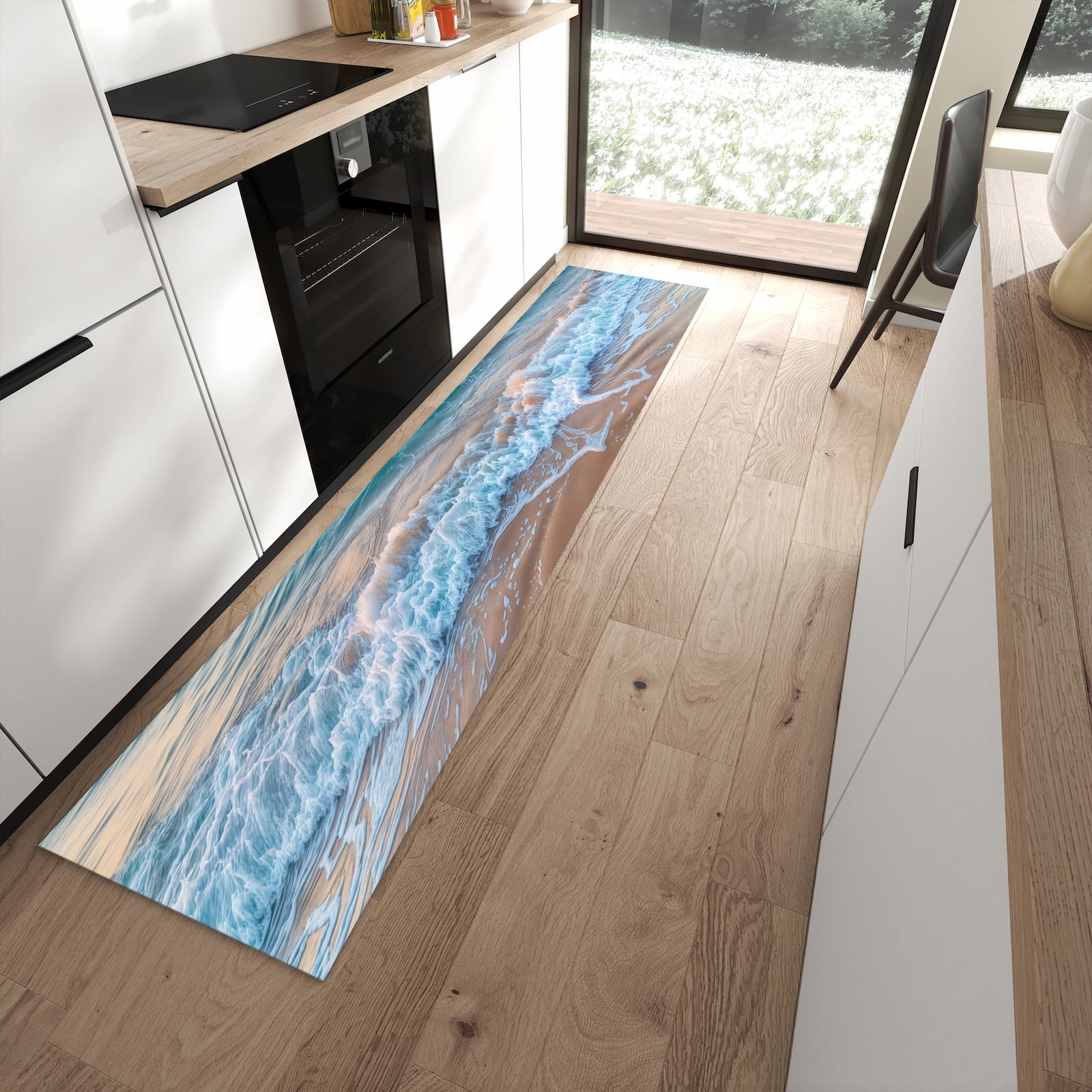 Ordnungsschaffender Teppichläufer mit Motiv Strandhorizont in moderner Küche