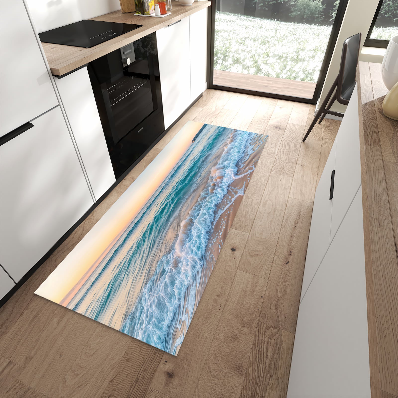 Formstabiler langer Teppich mit Motiv Strandhorizont in moderner Küche