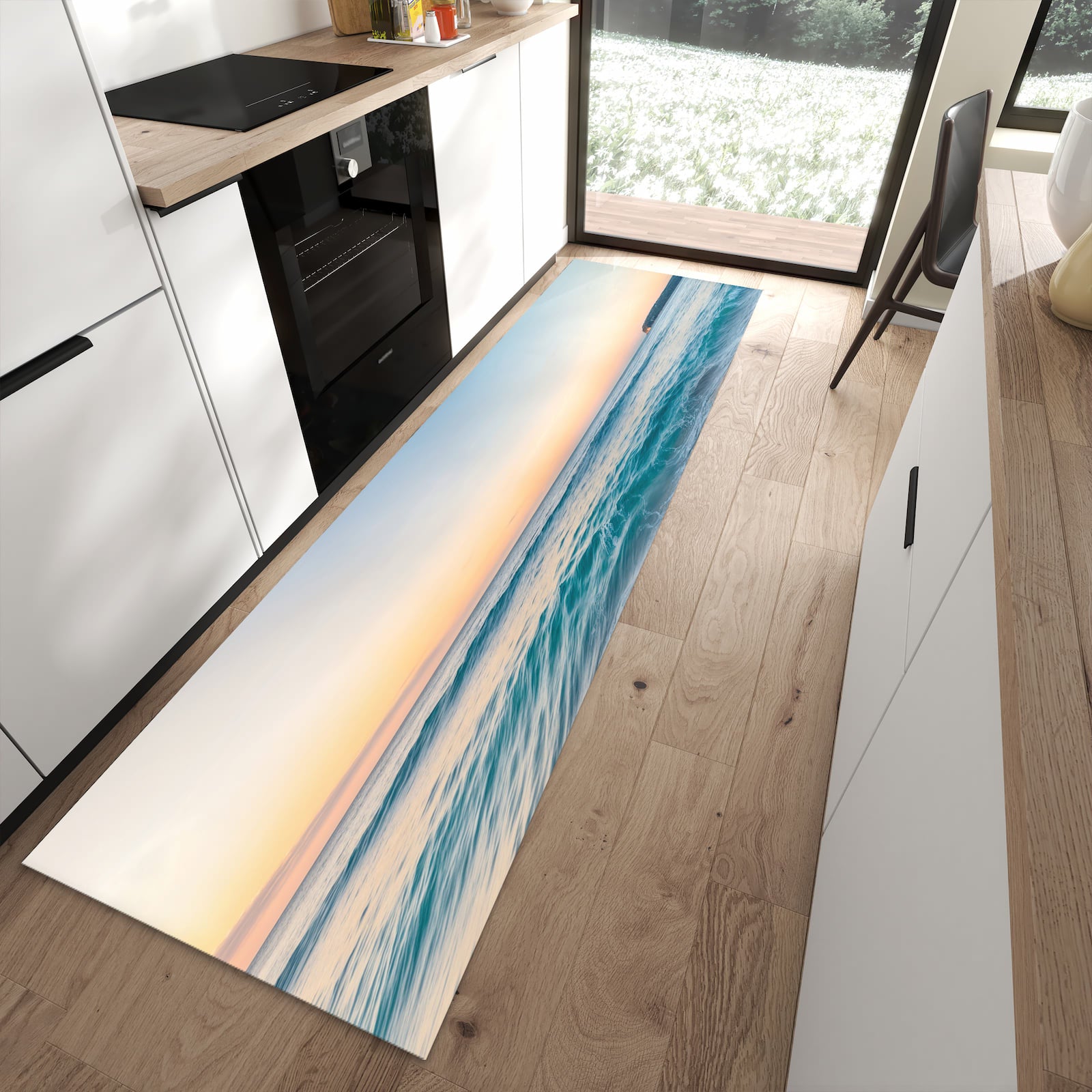 Zeitsparender rutschfester Läufer mit Motiv Strandhorizont in moderner Küche