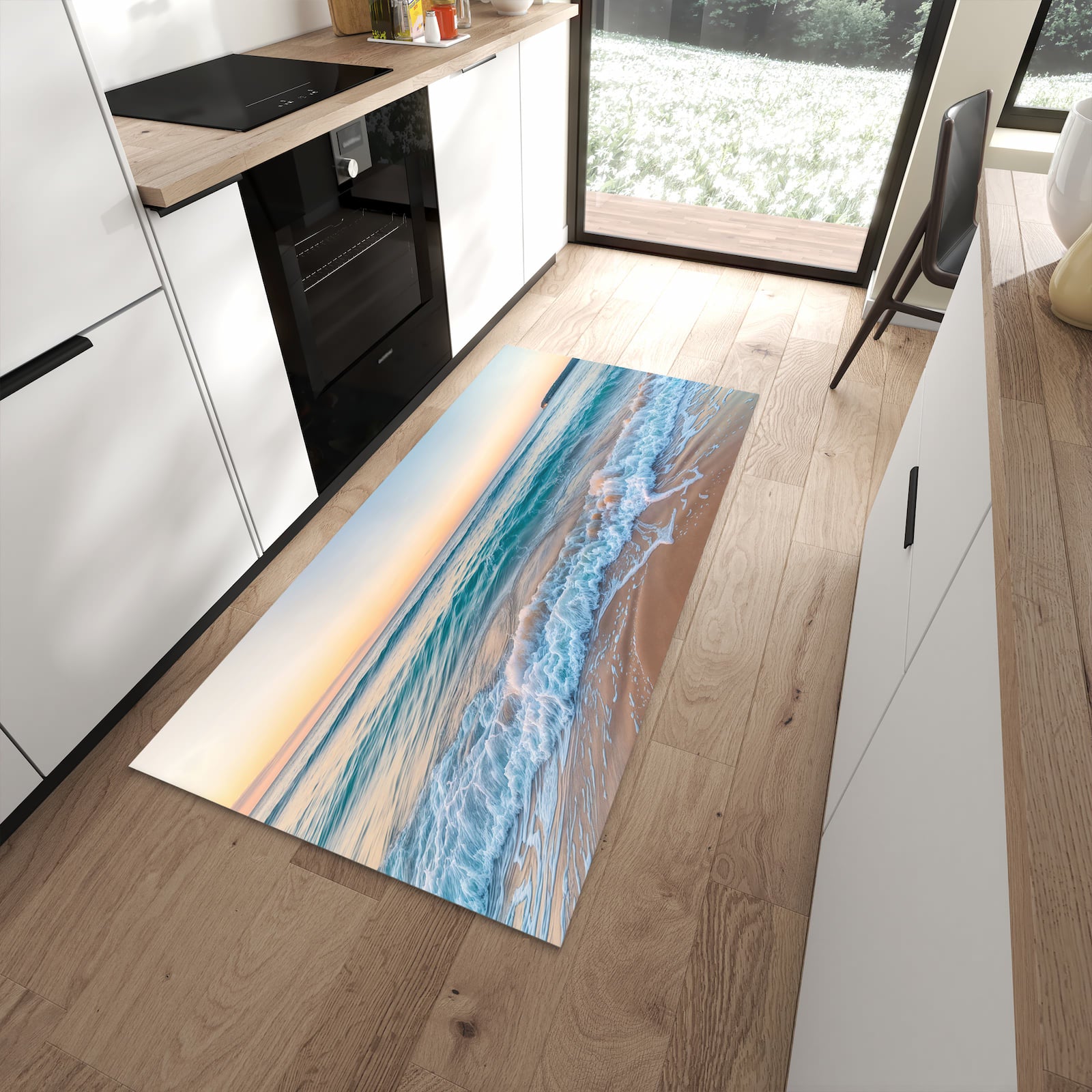 Abriebfester Küchenteppich mit Motiv Strandhorizont in moderner Küche